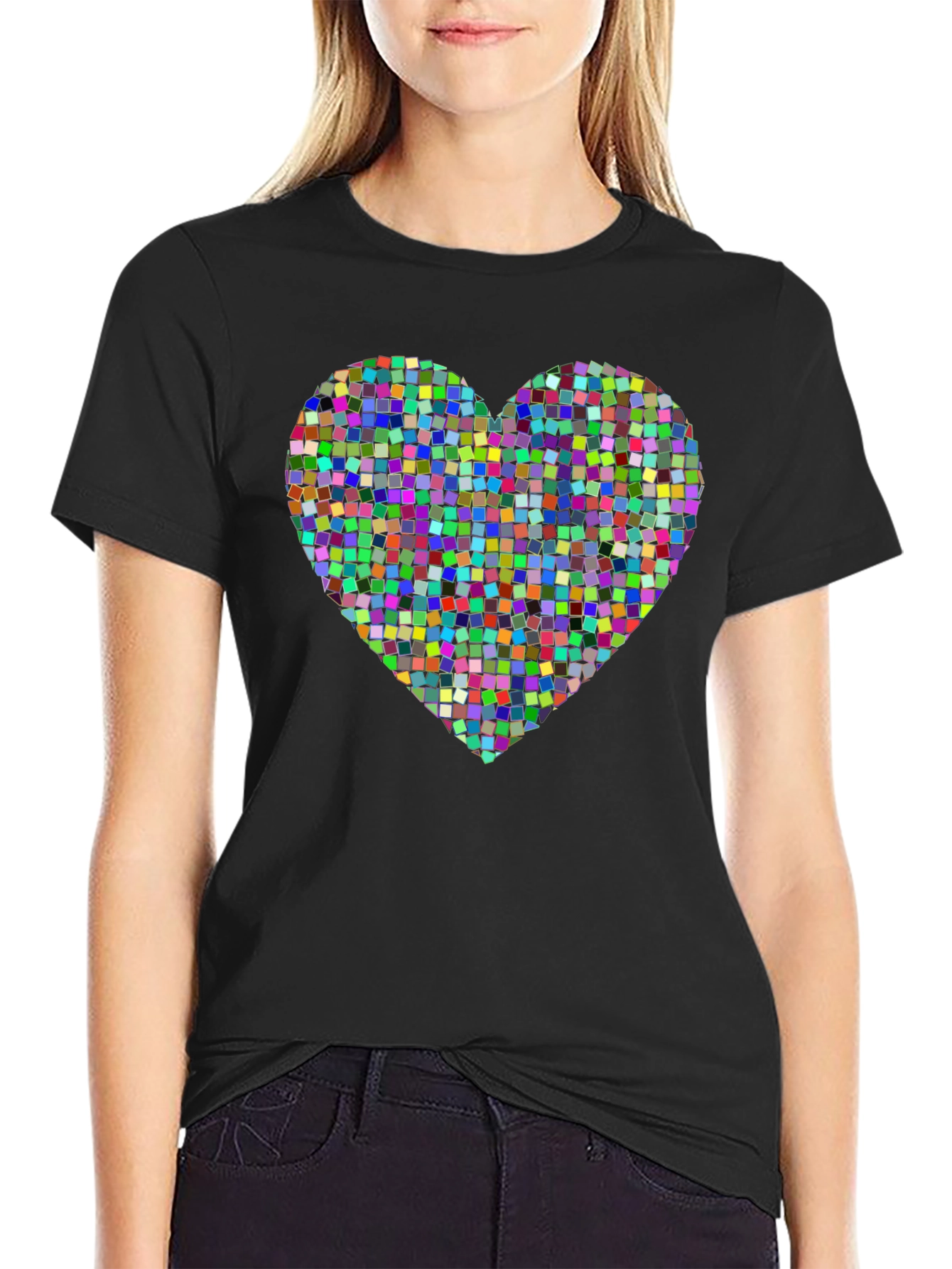 Black Colorful Heart Pixelated T-Shirt view 2