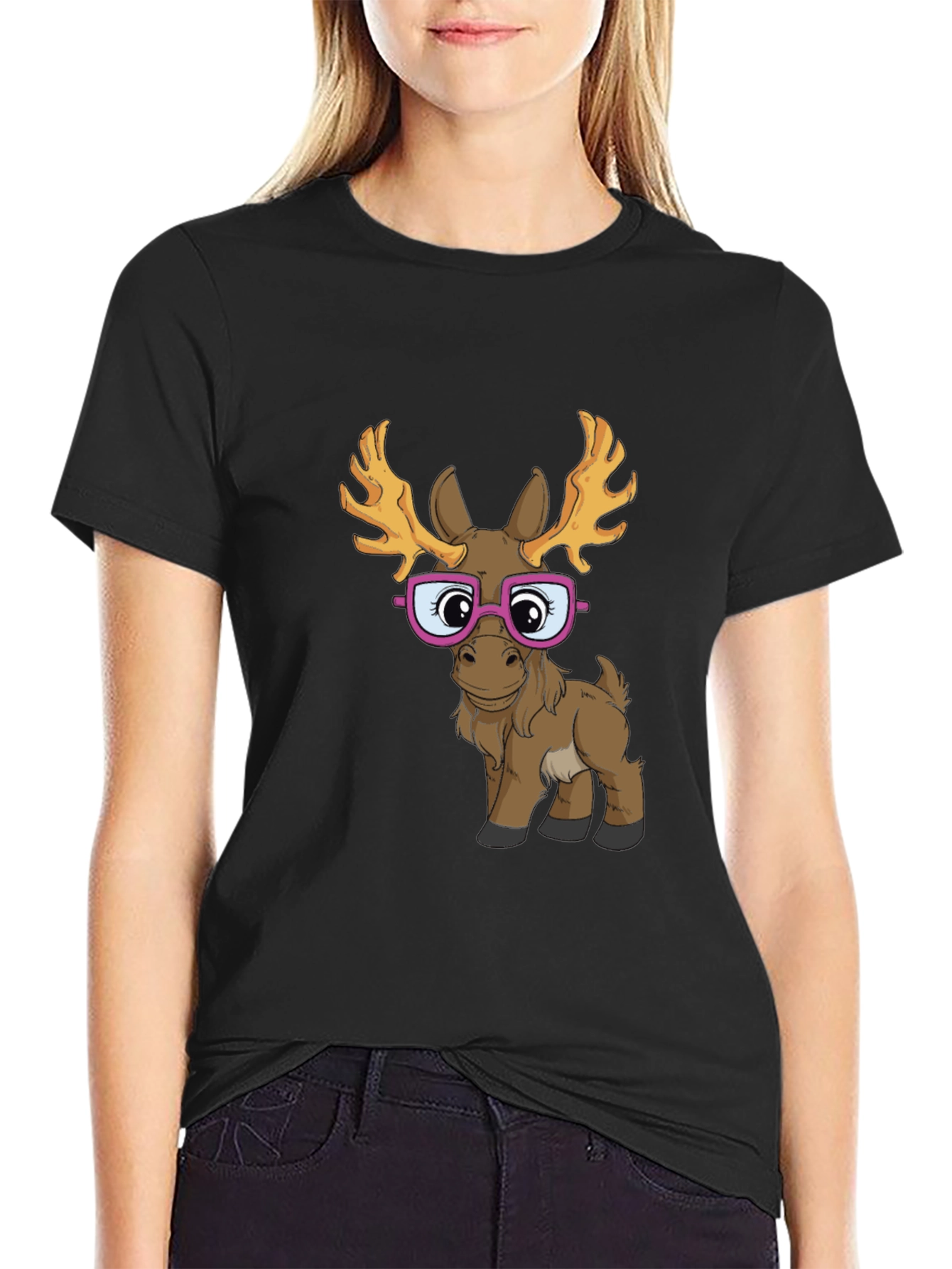 Black Funny Moose with Glasses Graphic Tee view 2