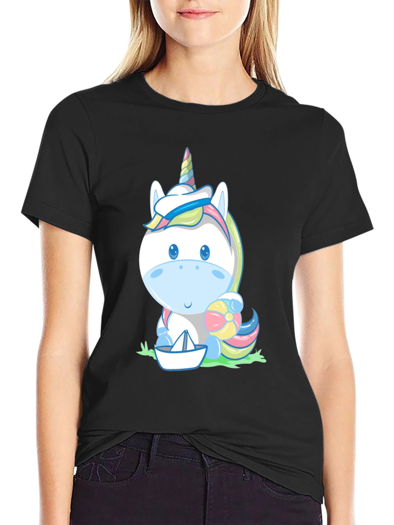Black Unicorn Beach T-Shirt - Cute Cartoon Tee view 2