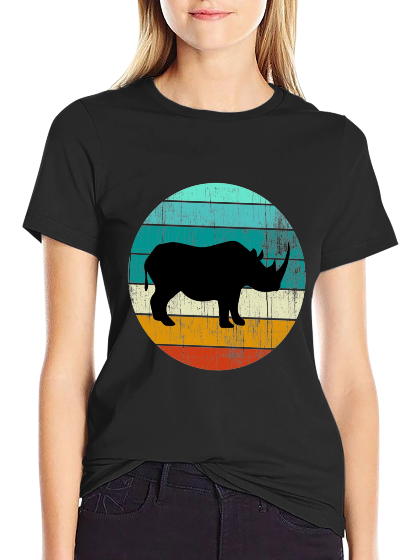 Black Retro Rhino Graphic Tee - Black Cotton T-Shirt view 2