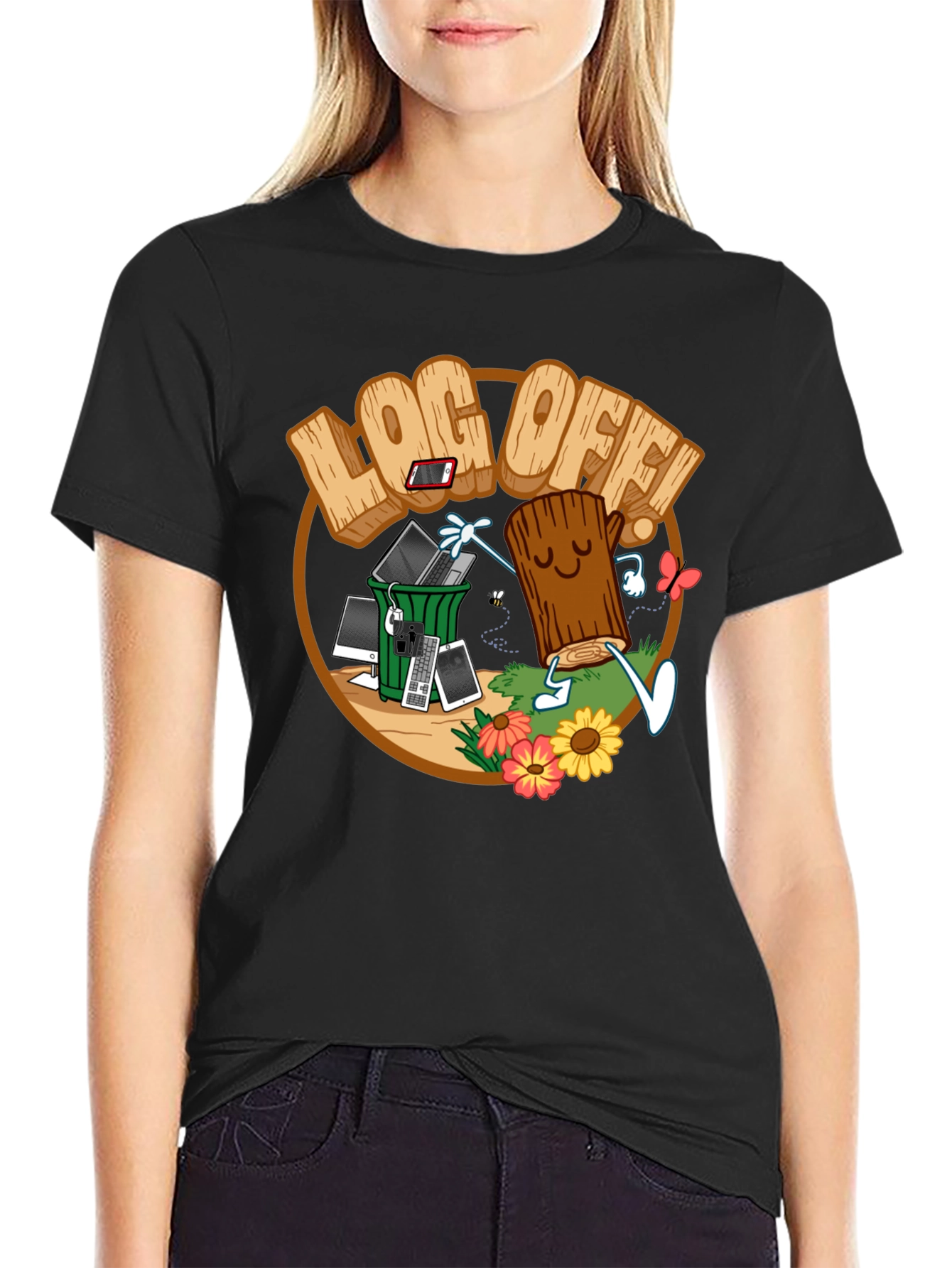 Black Log Off! Graphic Print Black T-Shirt view 2