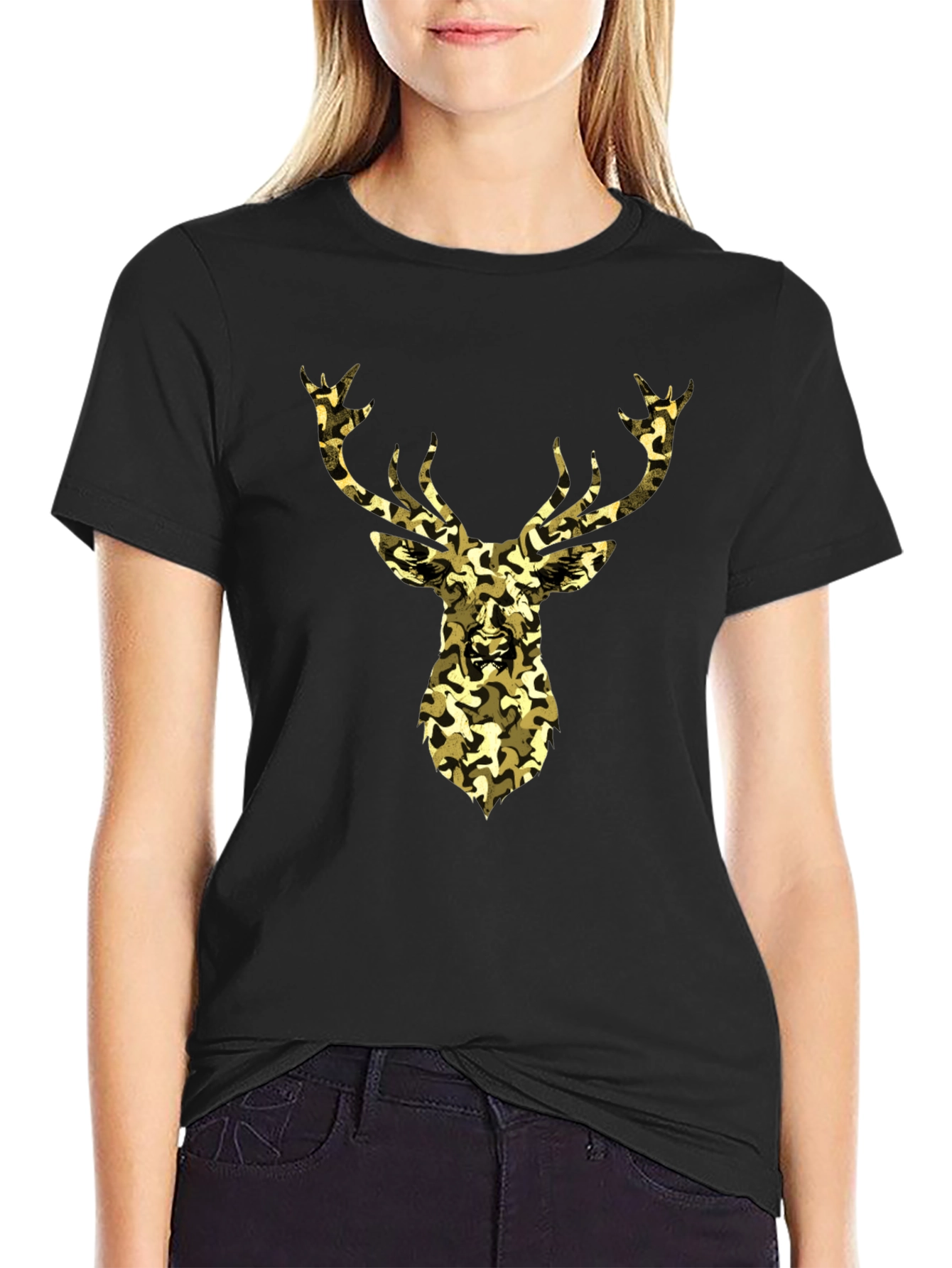 Black Camo Deer Graphic Tee - Black Cotton Casual Shirt view 2