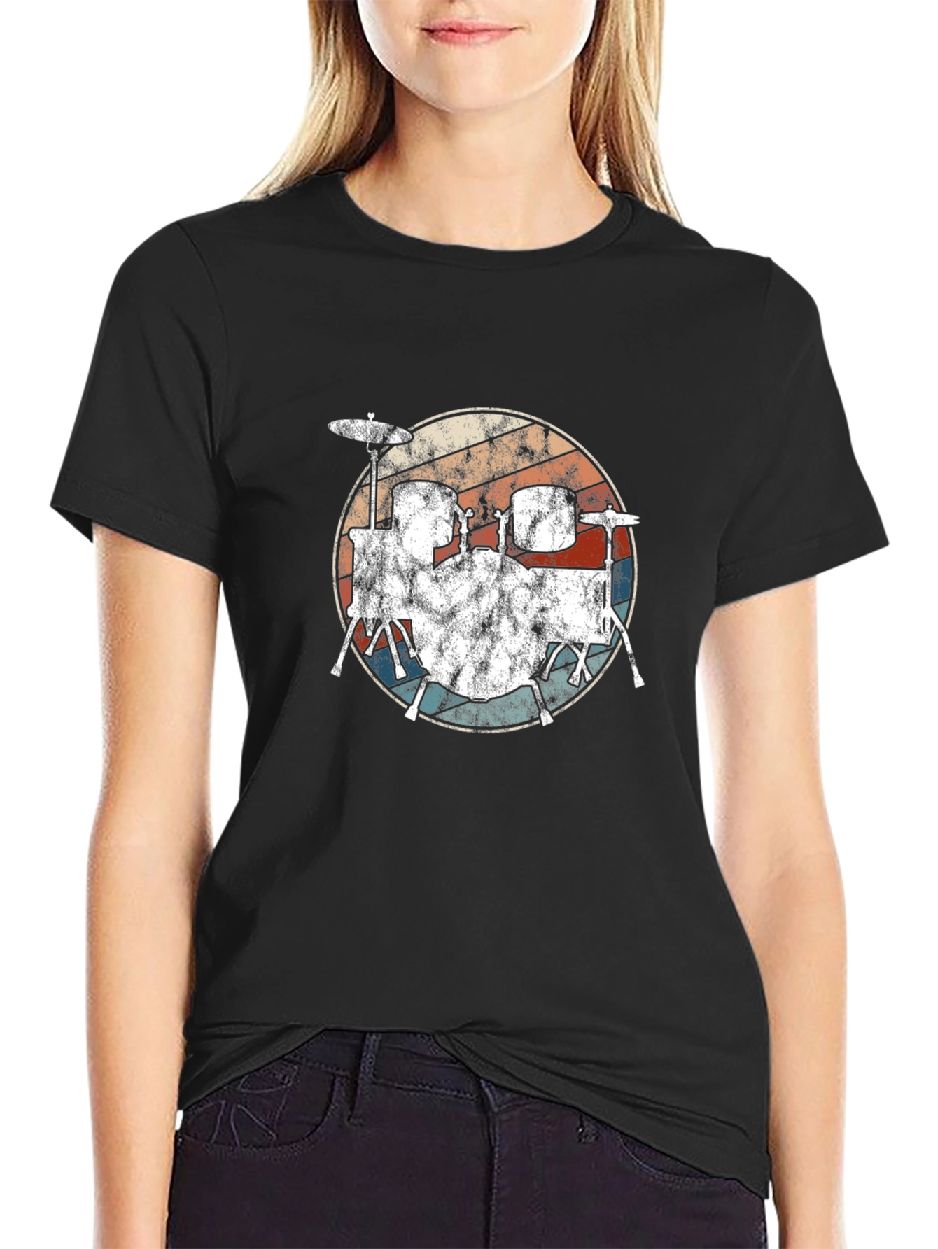 Black Vintage Drum Set Graphic Tee - Retro Style view 2