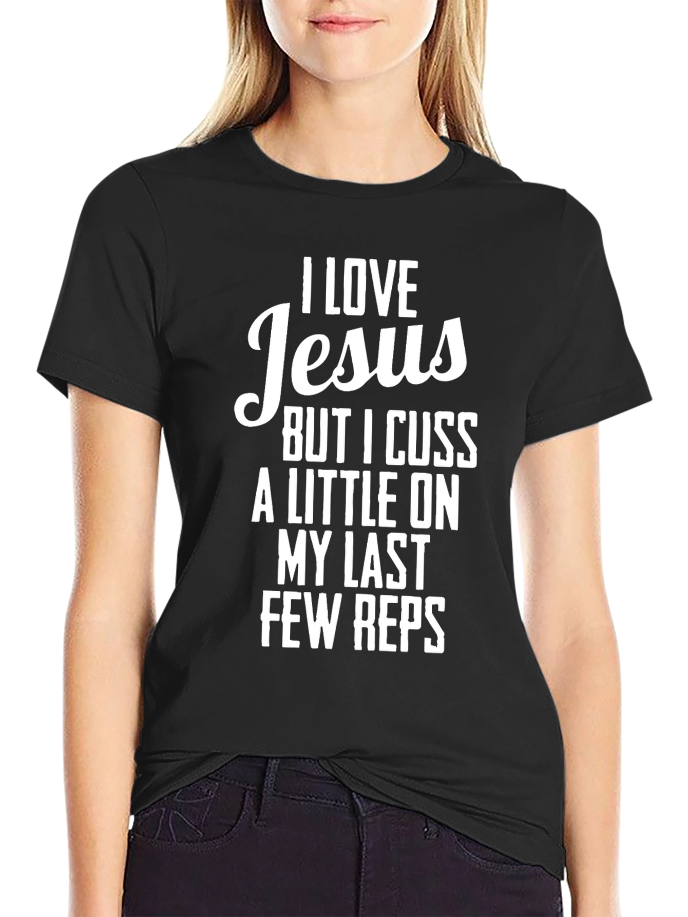 Black I Love Jesus Funny Workout T-Shirt view 2