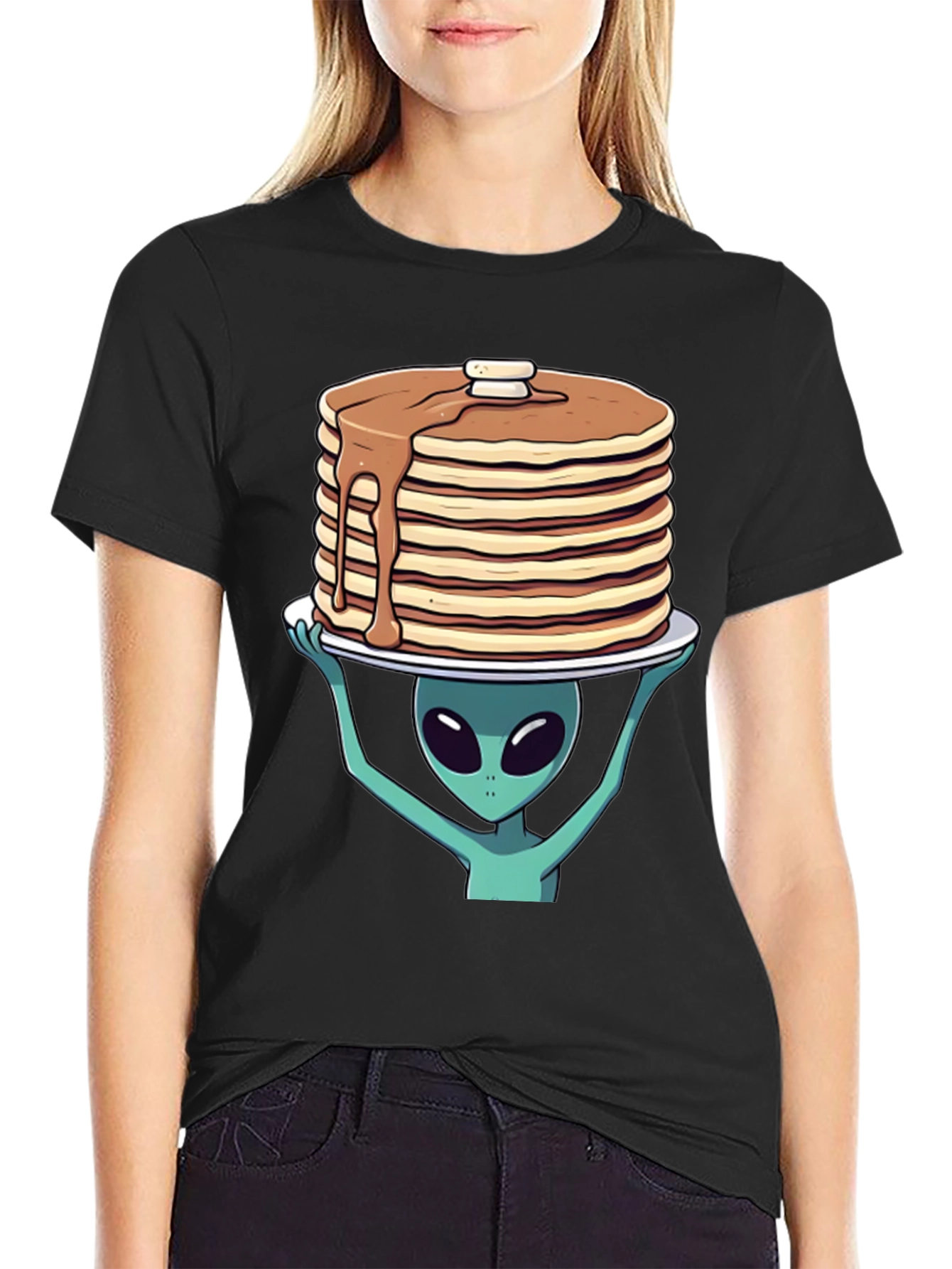 Black Alien Pancakes T-Shirt - Space Foodie Tee view 2