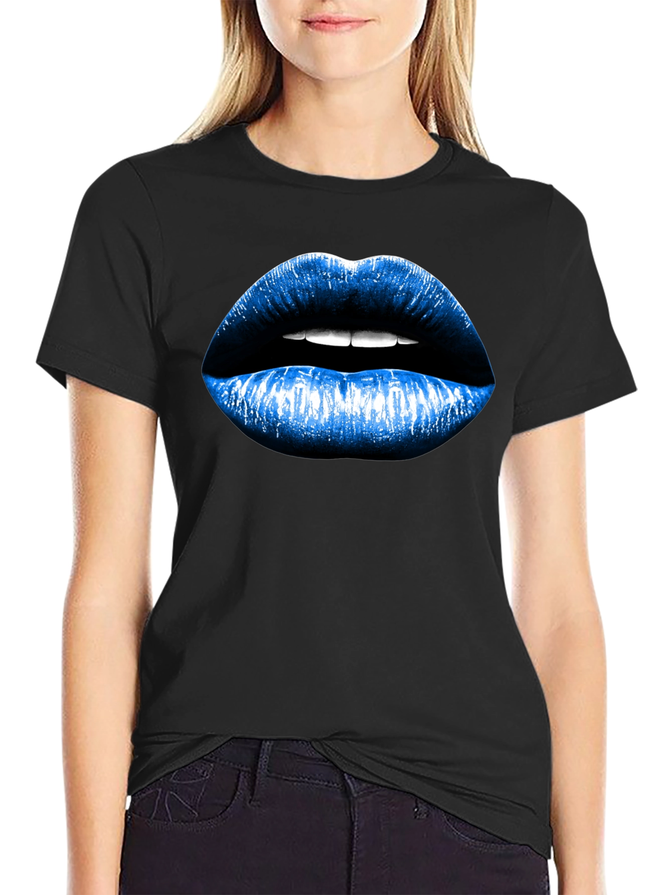 Black Blue Lips Graphic Black T-Shirt view 2