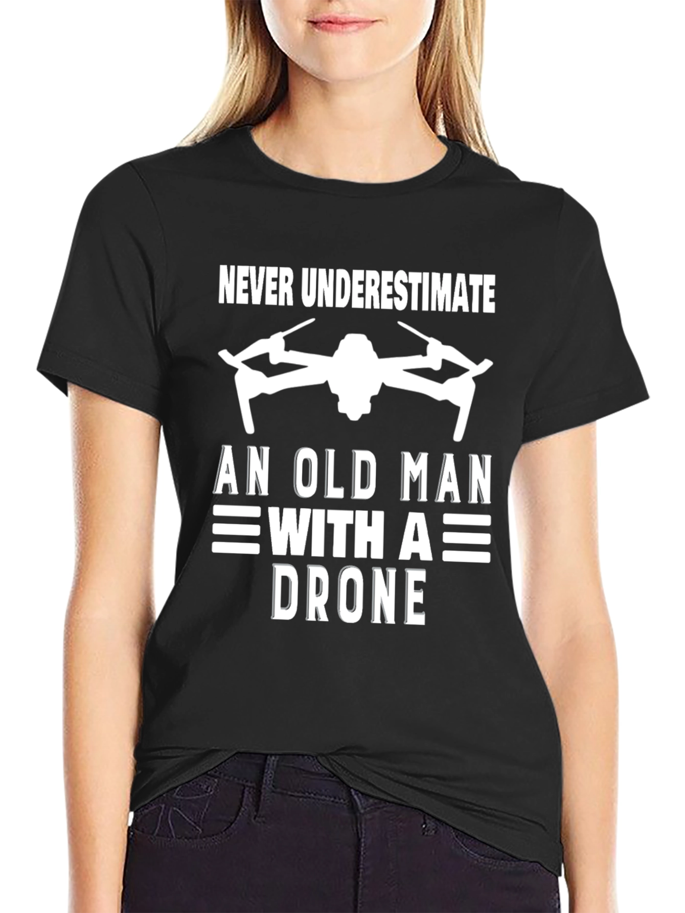 Black Never Underestimate Old Man with a Drone T-Shirt view 2