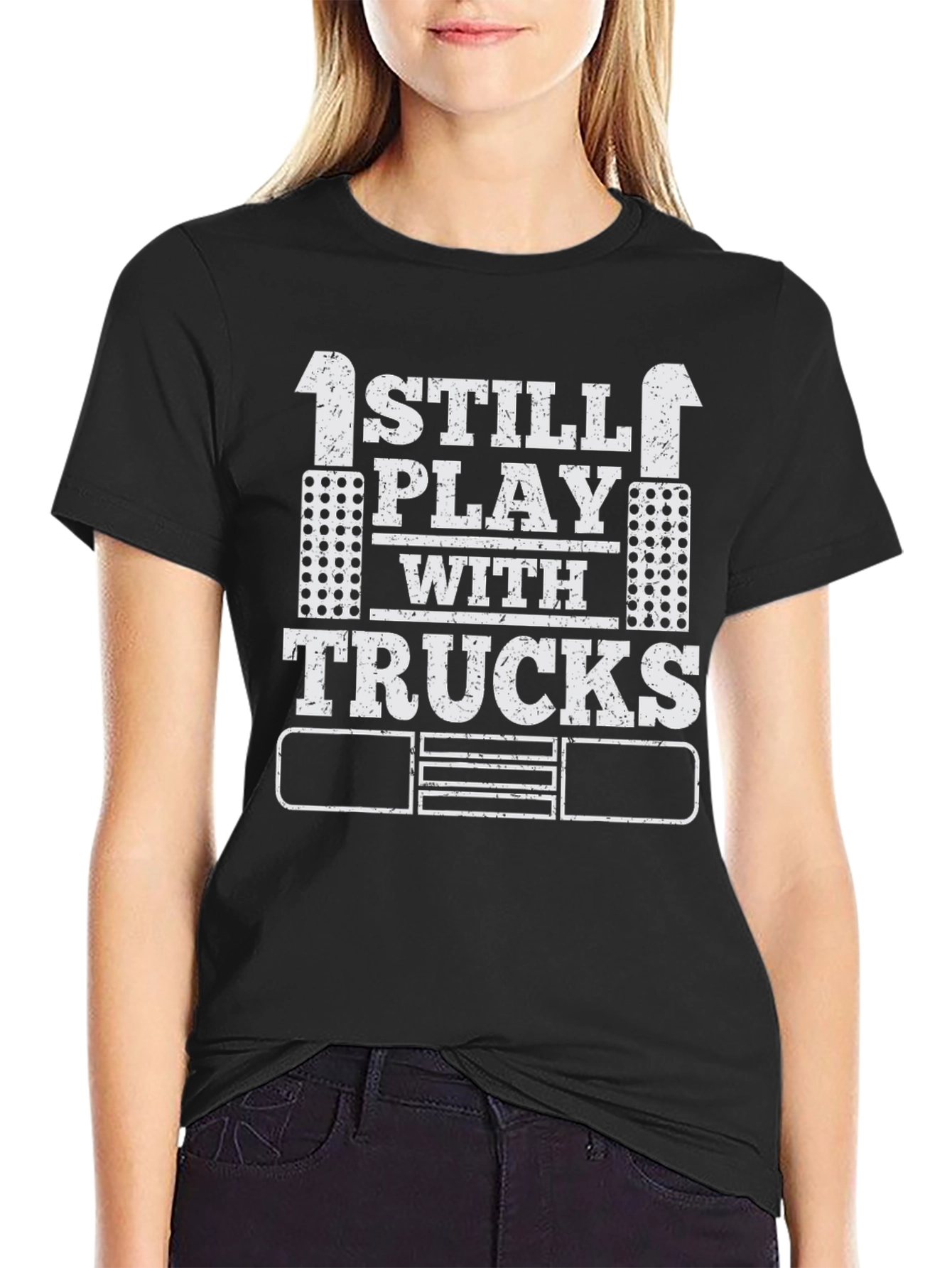 Black I Still Play with Trucks T-Shirt, Adult Trucker Tee view 2