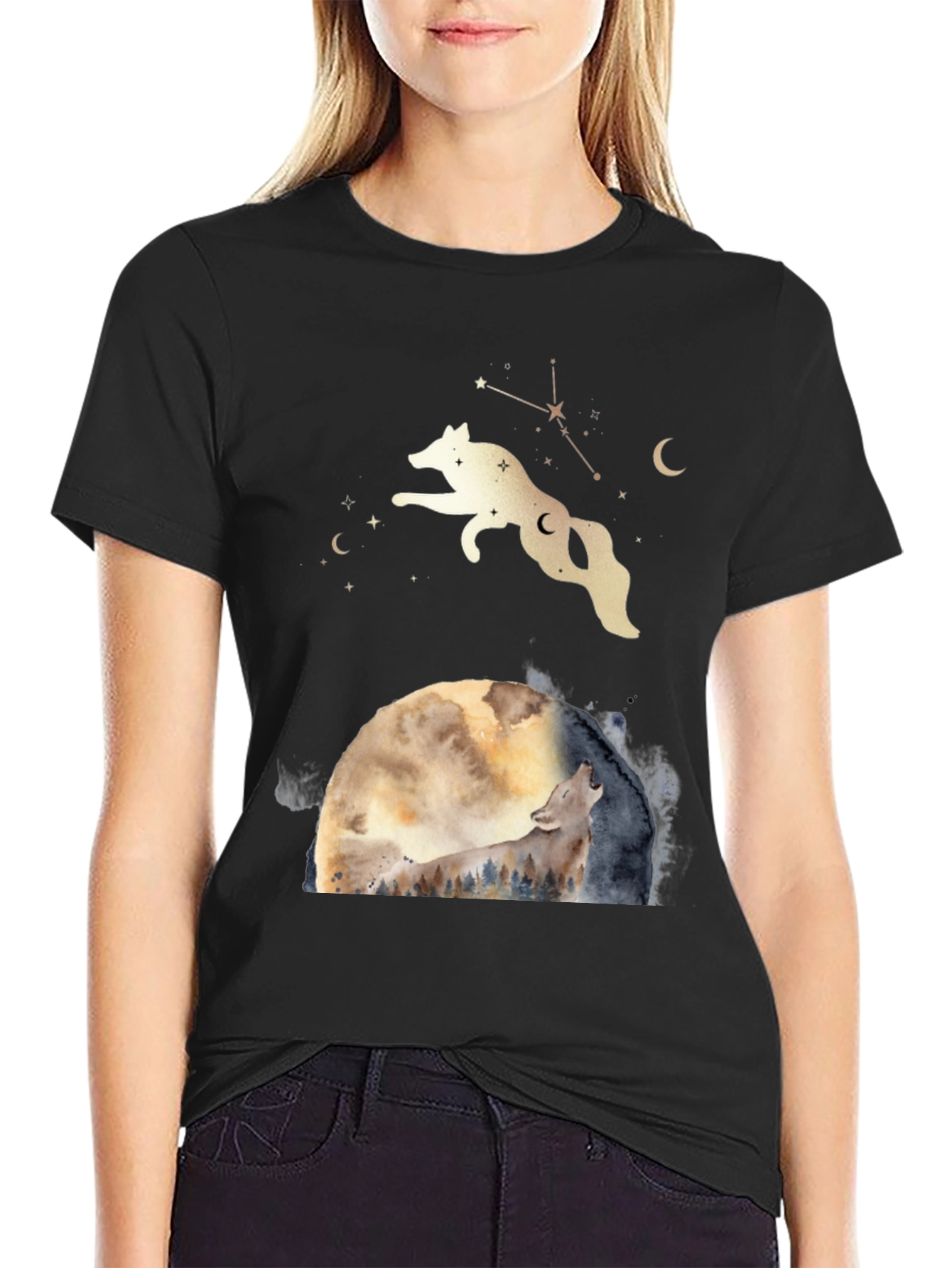 Black Wolf Moon Graphic Tee - Celestial T-Shirt view 2