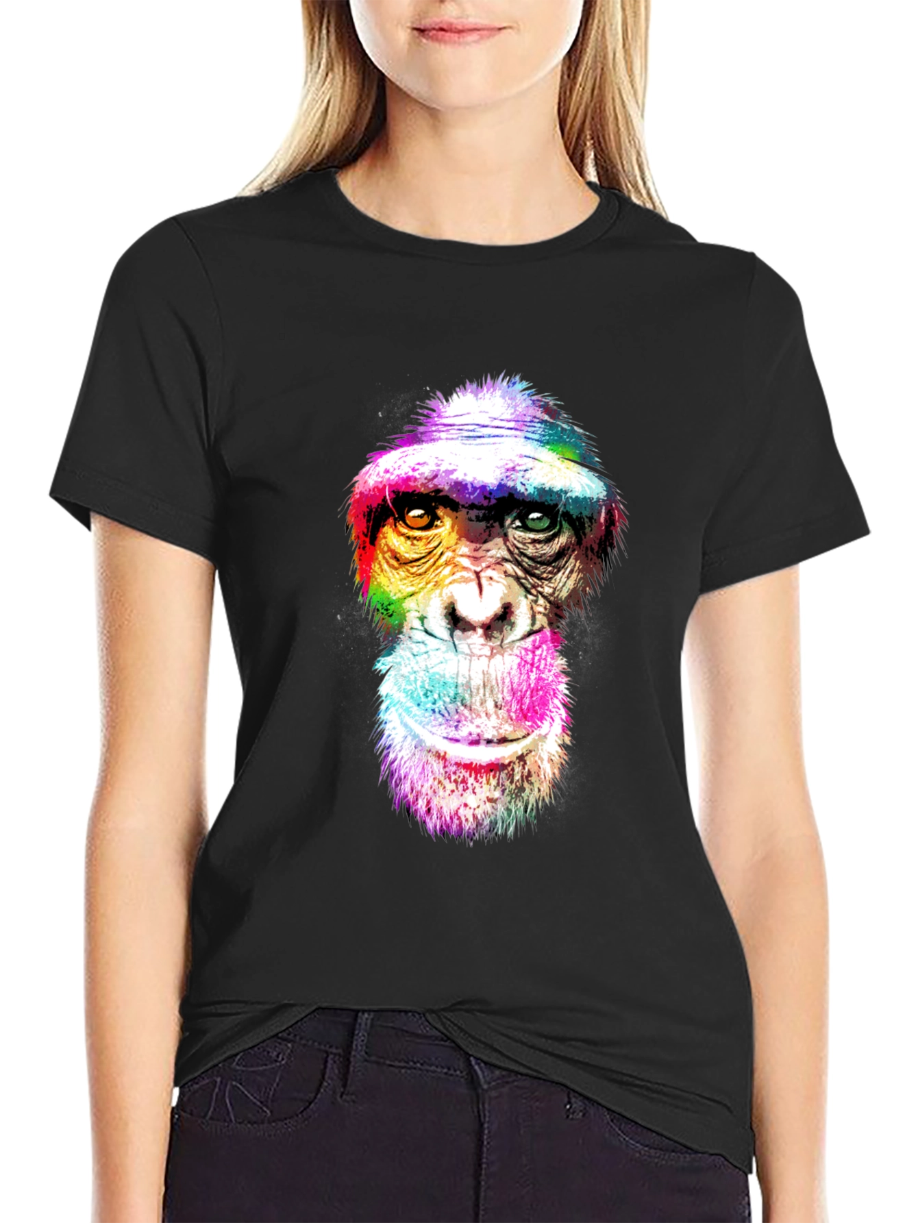 Black Rainbow Monkey Graphic Tee - Unique Animal Print Shirt view 2