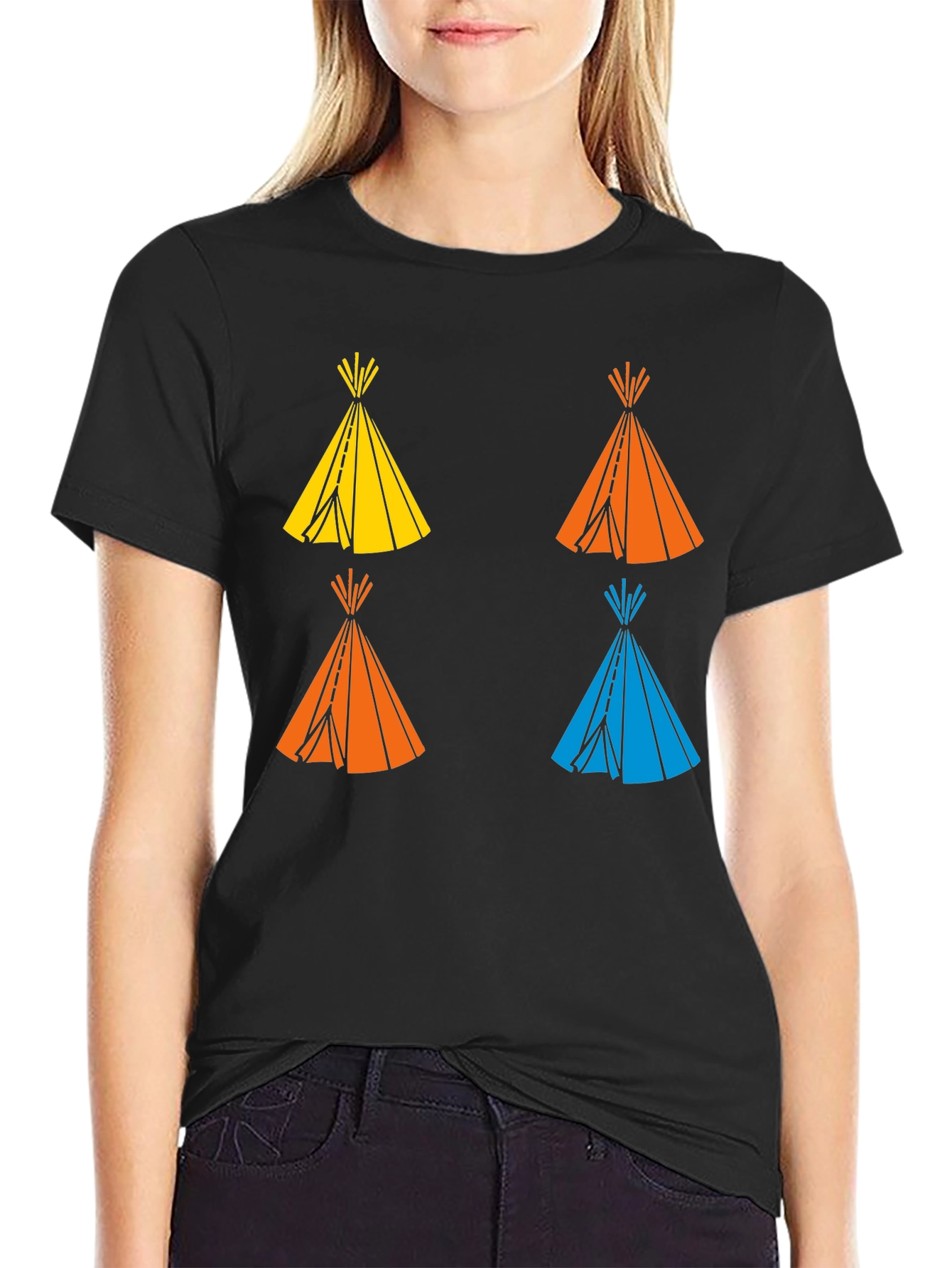 Black Graphic Tee: Colorful Teepee Design - Modern Fit view 2