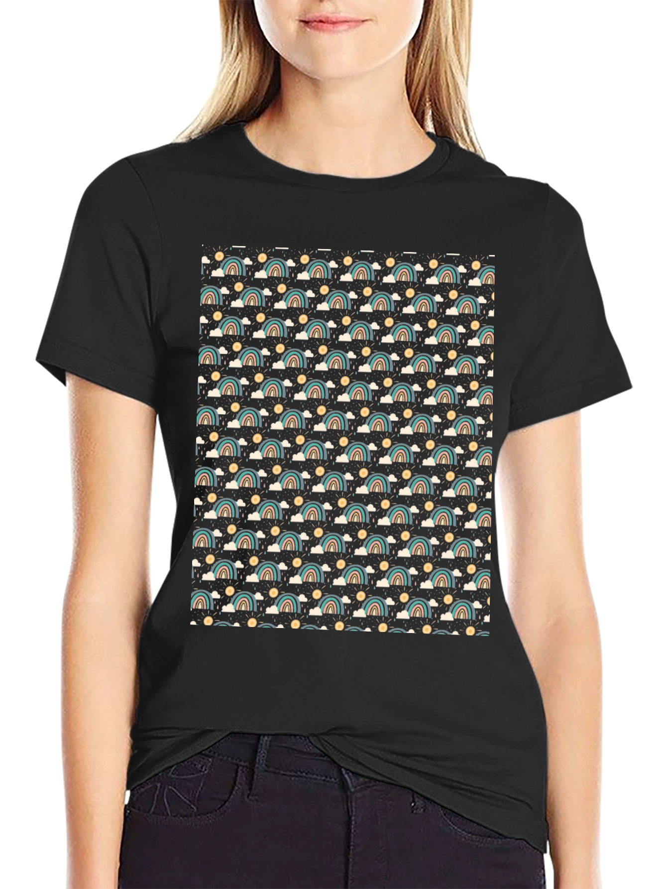 Black Retro Rainbow Pattern T-Shirt view 2