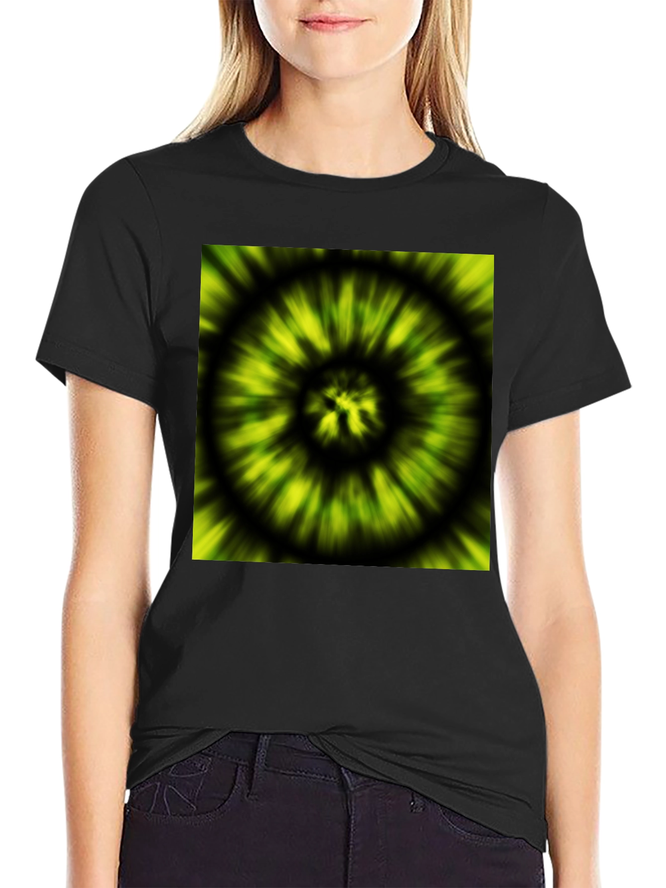 Black Hypnotic Swirl Tee - Green & Black Graphic Print view 2