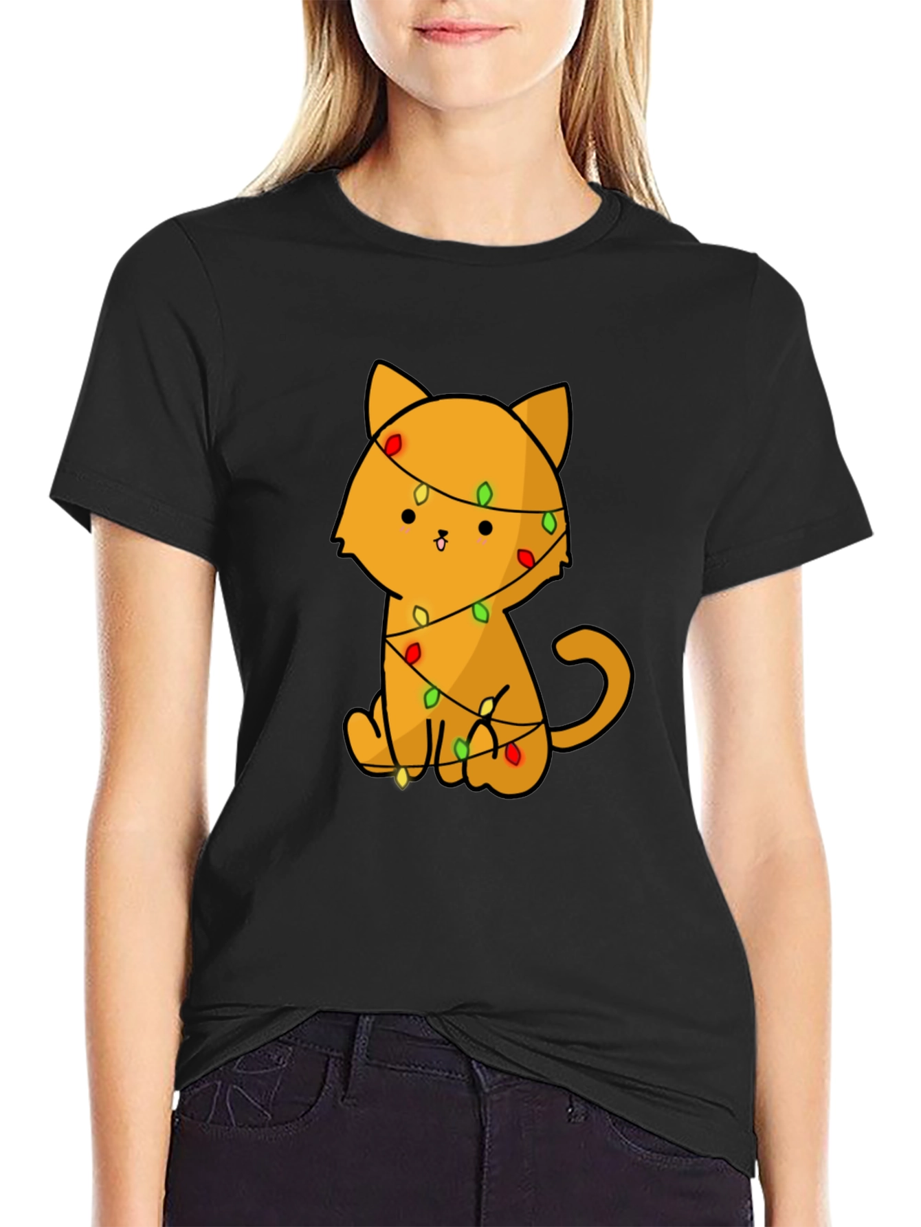 Black Cute Cat with Christmas Lights T-Shirt view 2