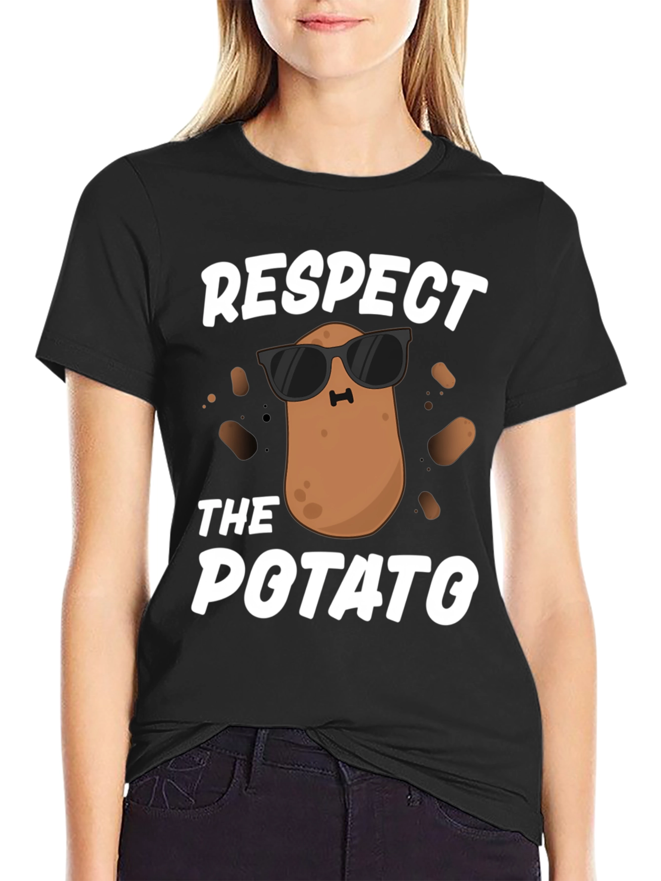 Black Respect the Potato T-Shirt - Funny Cartoon Graphic Tee view 2