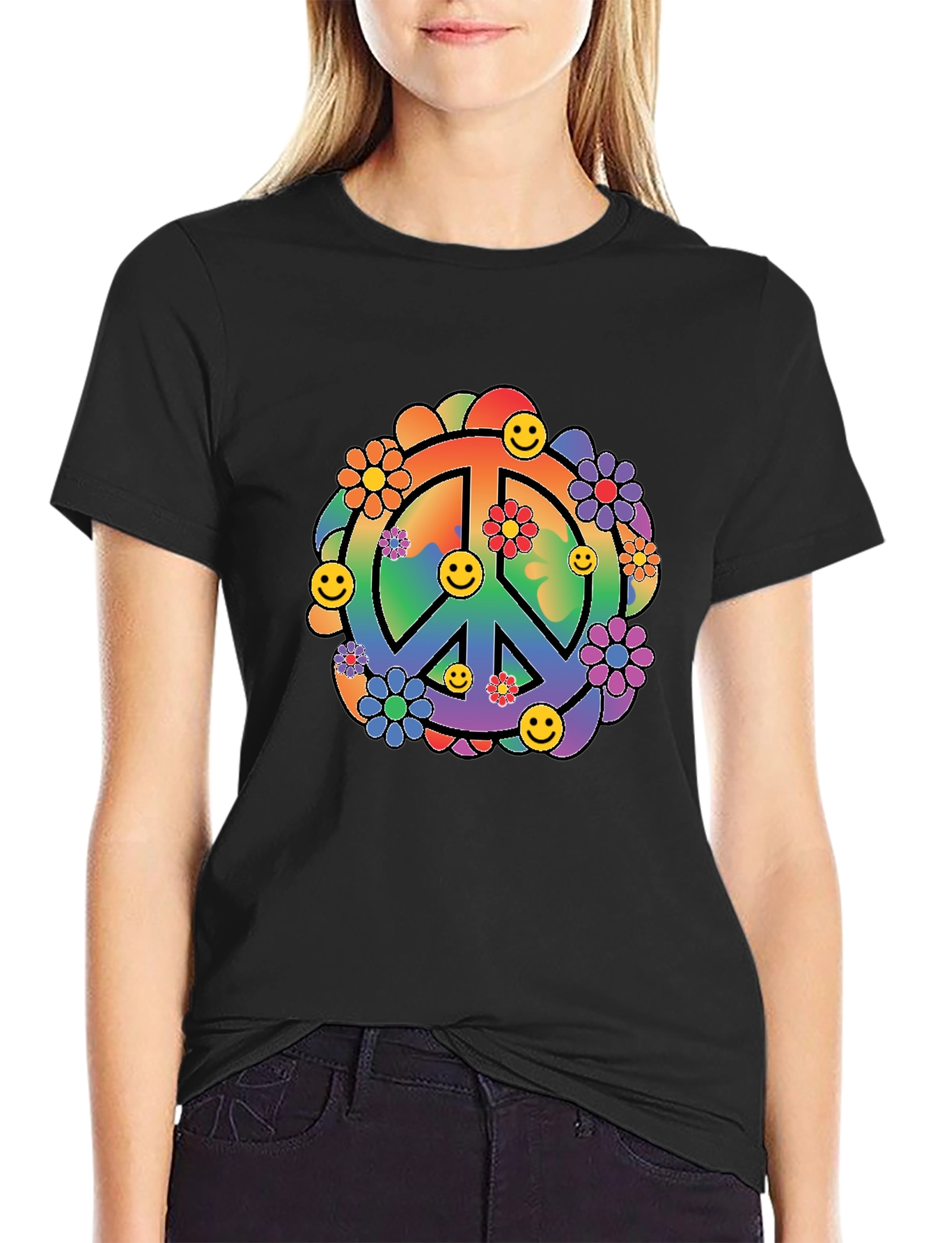 Black Retro Peace Sign Graphic Tee view 2