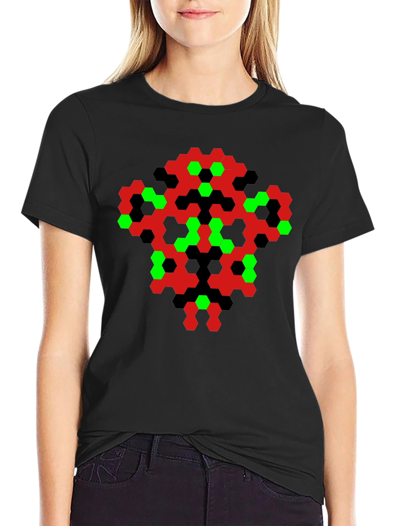 Black Abstract Hexagon Pattern Black T-Shirt view 2