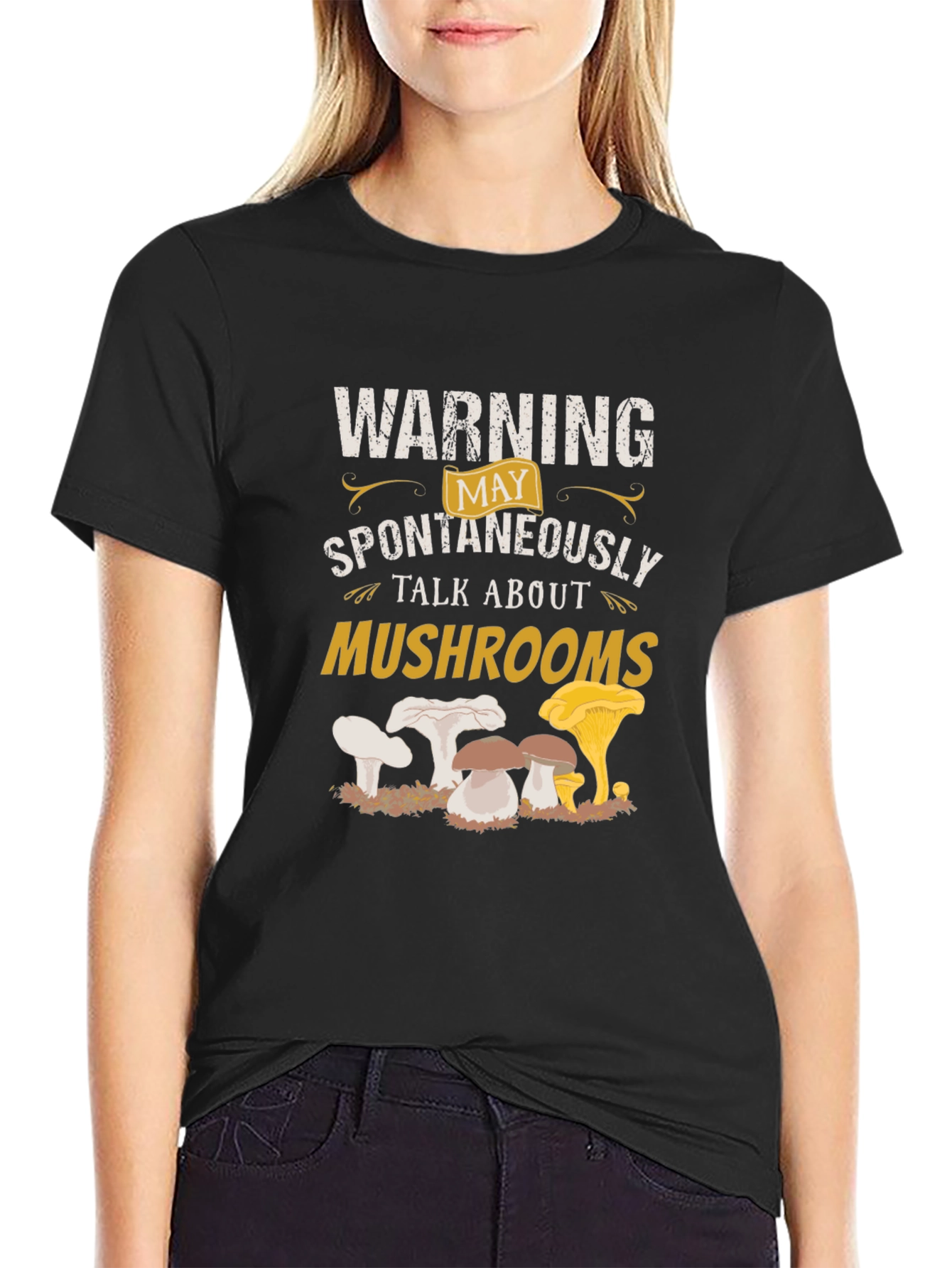 Black Warning: May Spontaneously Talk About Mushrooms T-Shirt view 2
