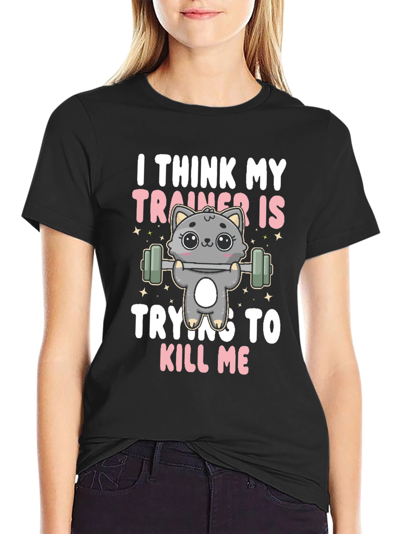 Black Funny Cat Trainer T-Shirt view 2