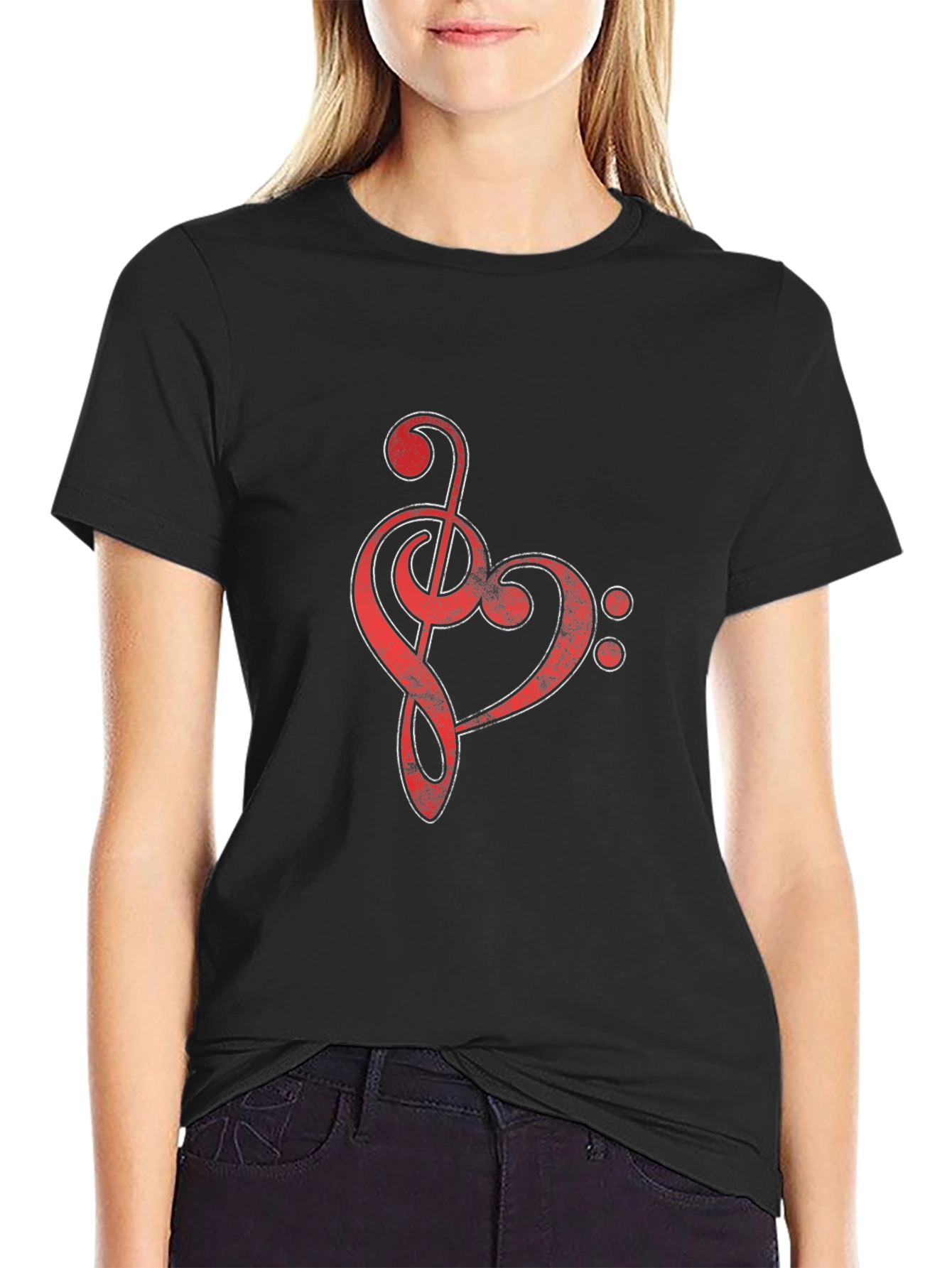 Black Red Music Heart Graphic Black T-Shirt view 2