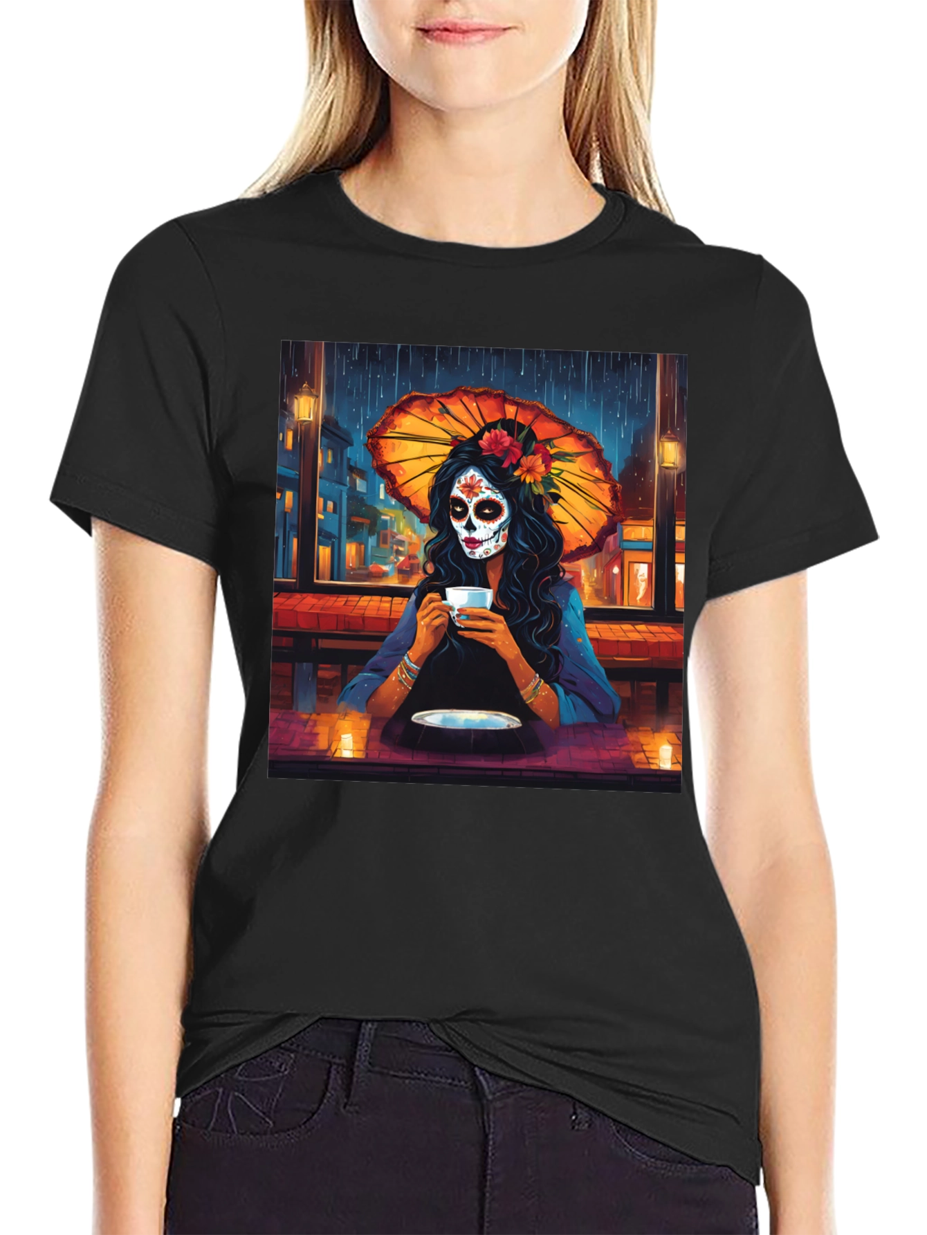 Black Sugar Skull Girl T-Shirt - Day of the Dead Art Tee view 2