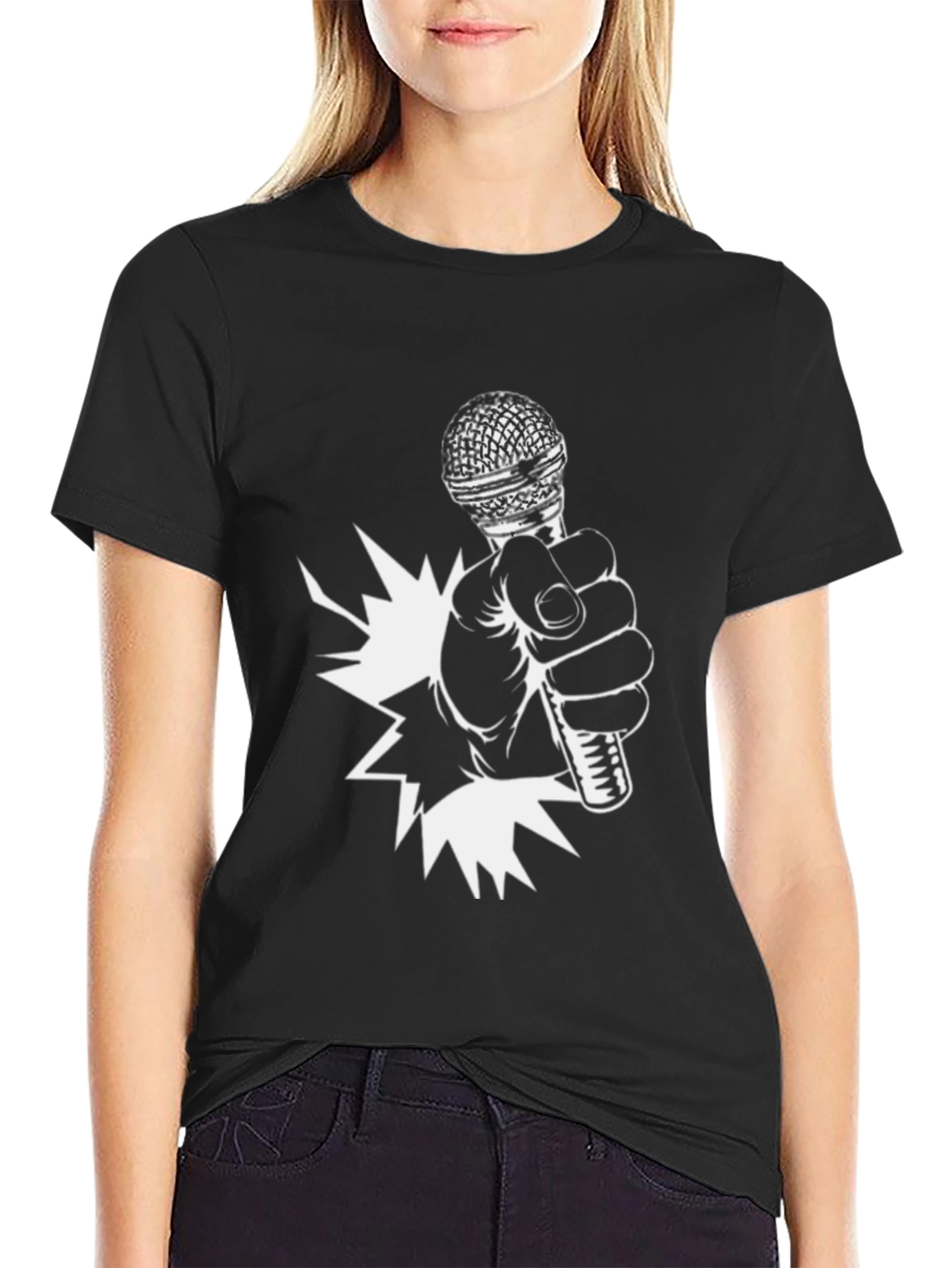 Black Microphone Burst Black Graphic Tee view 2