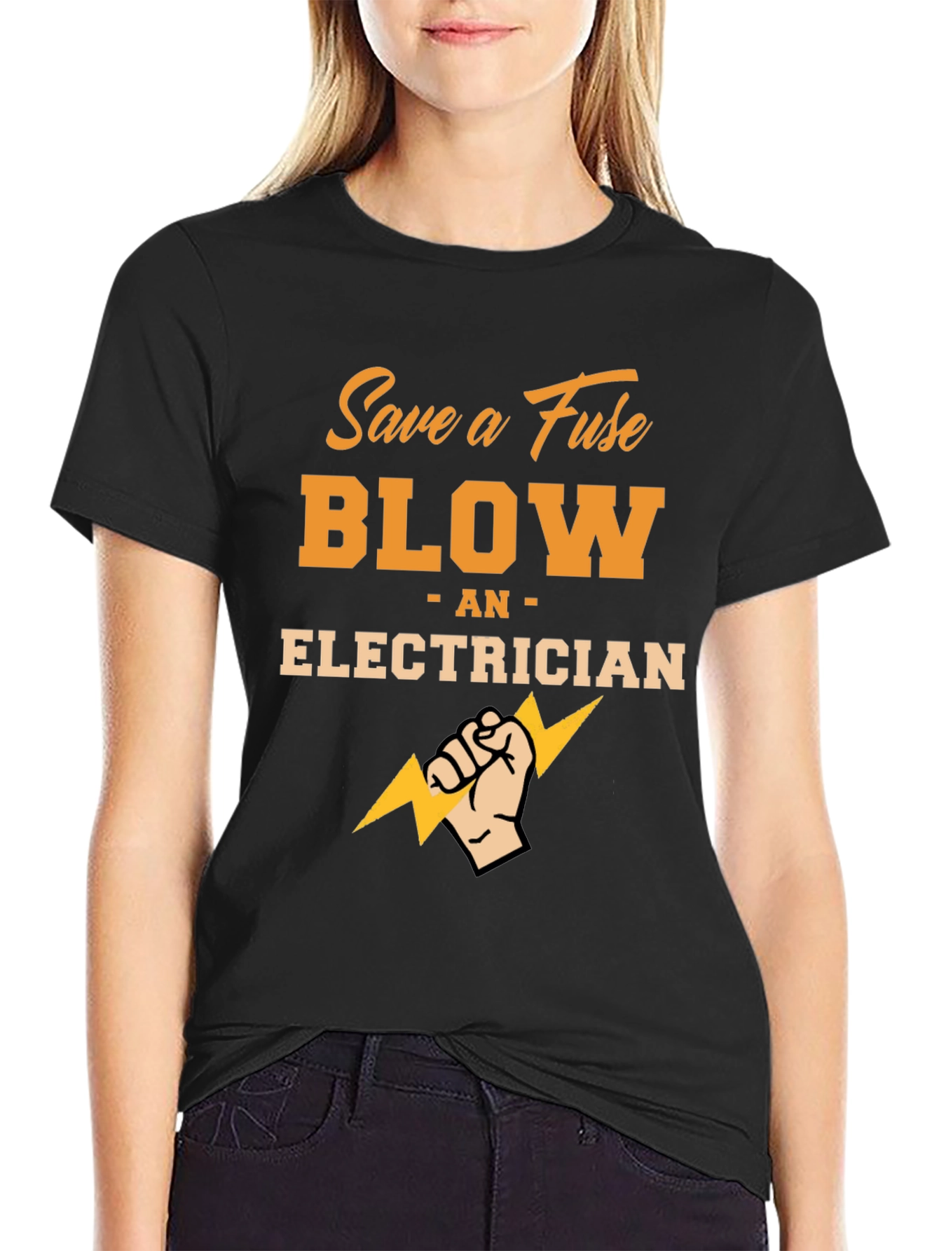 Black Save a Fuse Blow an Electrician Black T-Shirt view 2