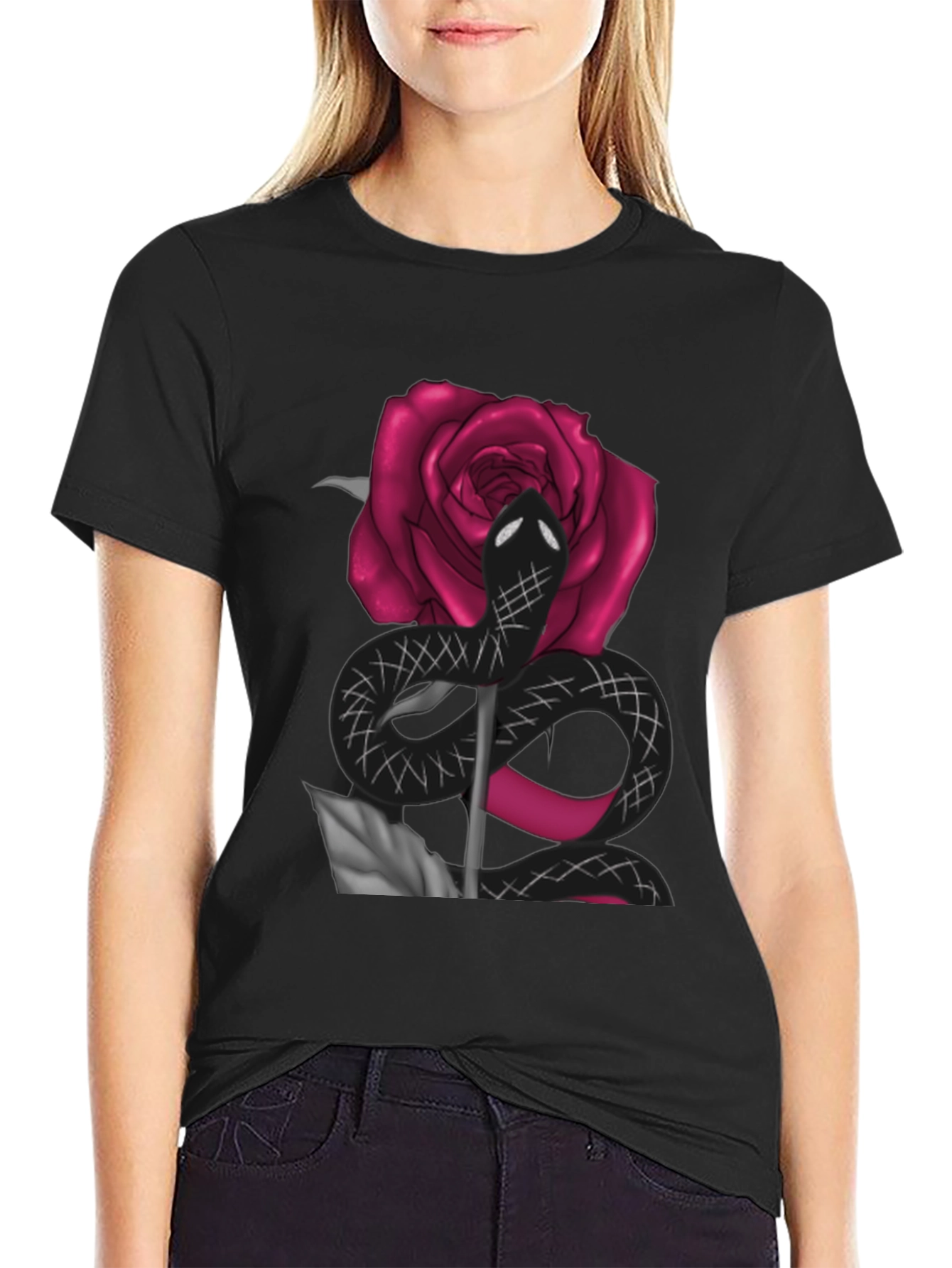 Black Snake & Rose Graphic Tee - Bold Statement T-Shirt view 2