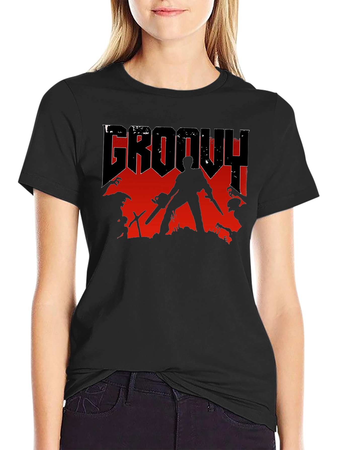 Black Groovy Horror T-Shirt - Chainsaw & Boomstick Design view 2
