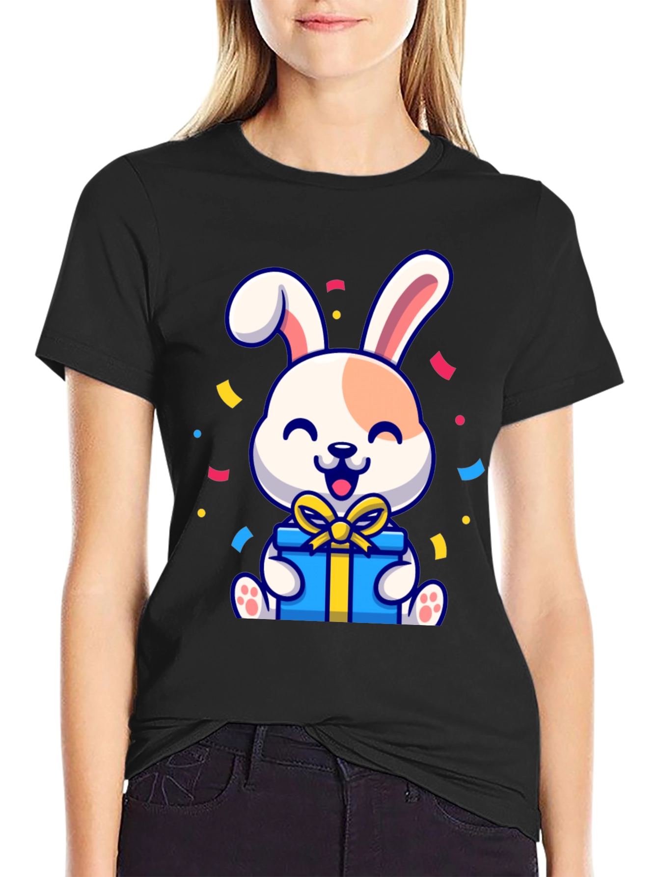 Black Cute Bunny Holding Gift T-Shirt view 2