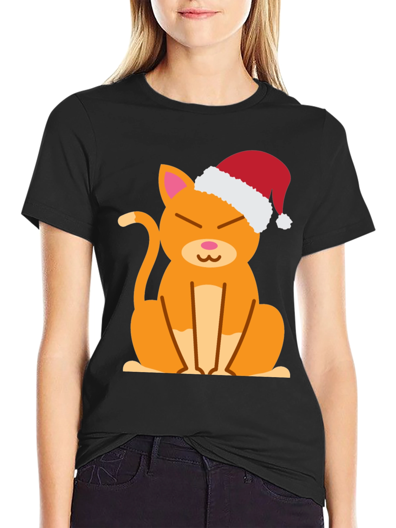 Black Festive Cat Tee - Santa Hat Cute Kitten Shirt view 2