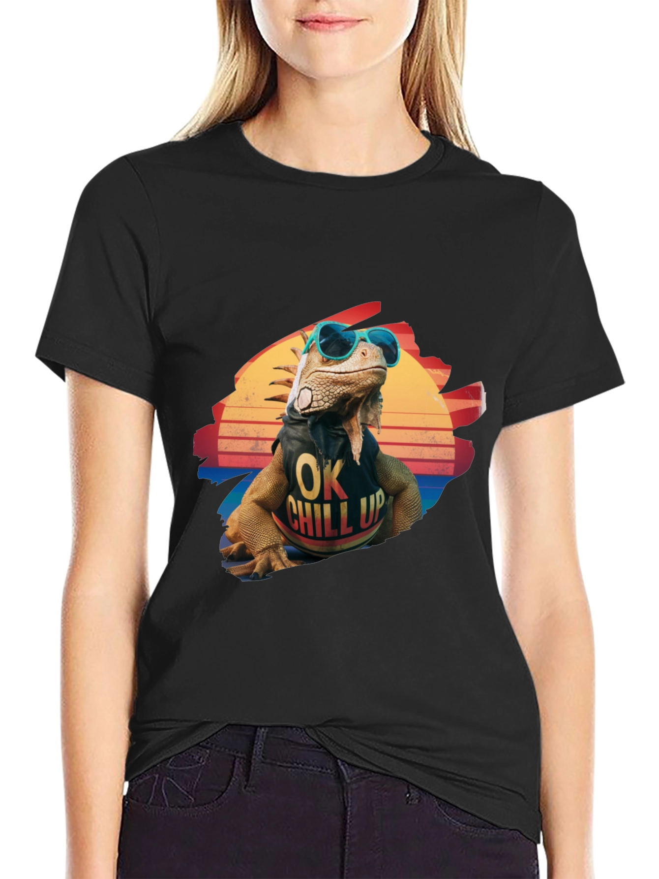 Black Cool Iguana Graphic T-Shirt - "OK Chill Up" view 2