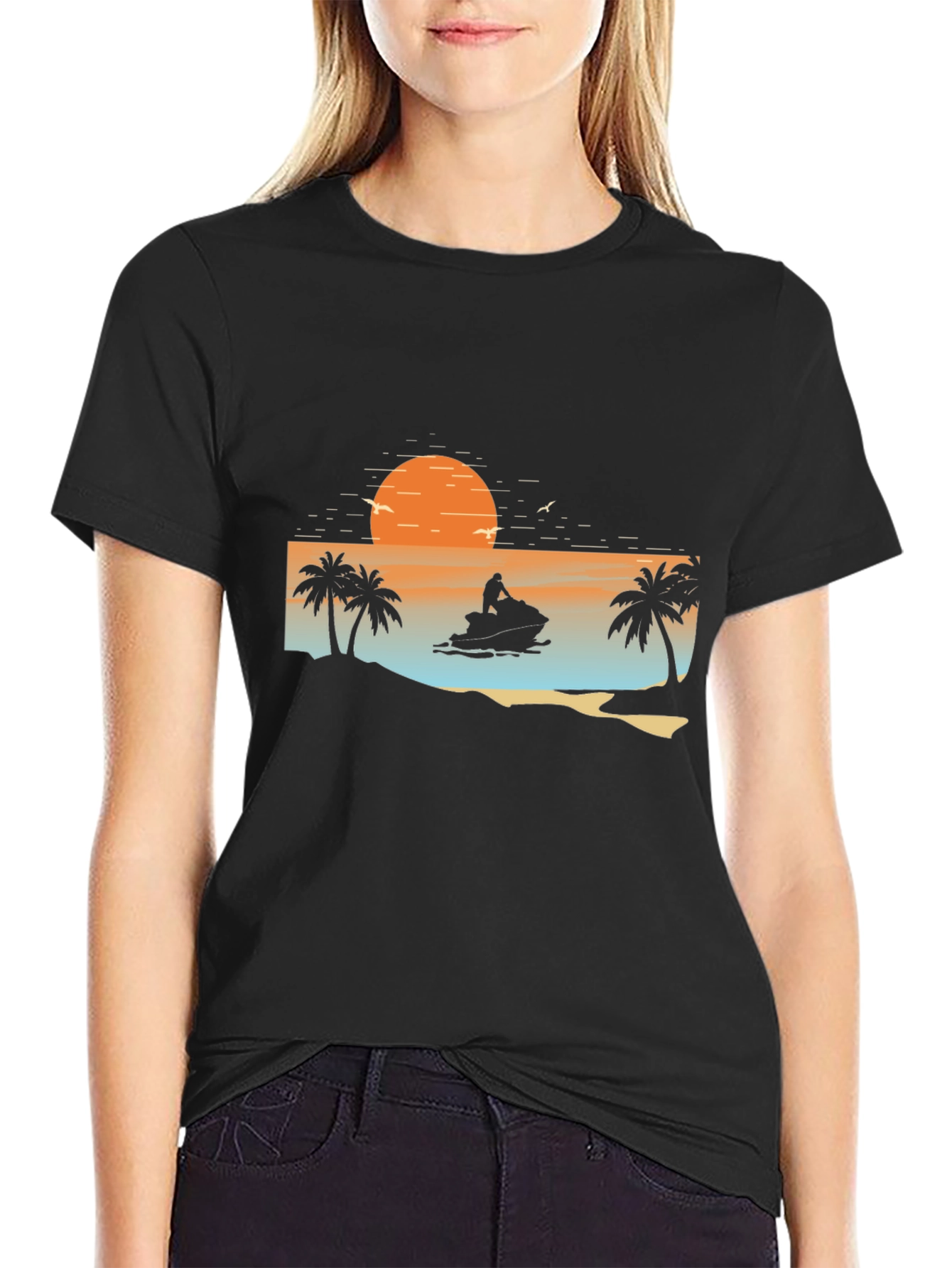 Black Sunset Jet Ski Palm Tree Graphic Black T-Shirt view 2