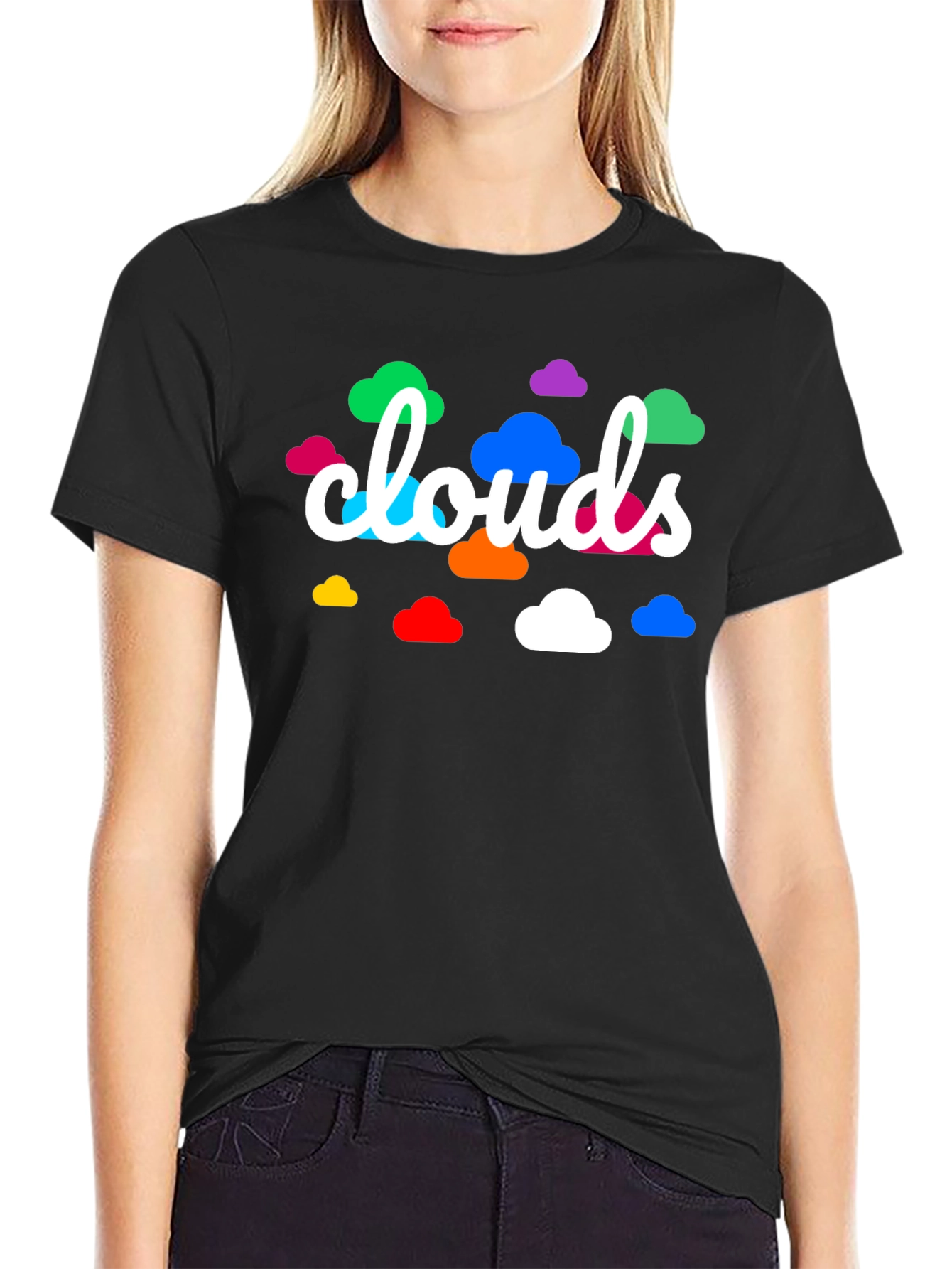 Black Colorful Clouds Graphic Print Black T-Shirt view 2