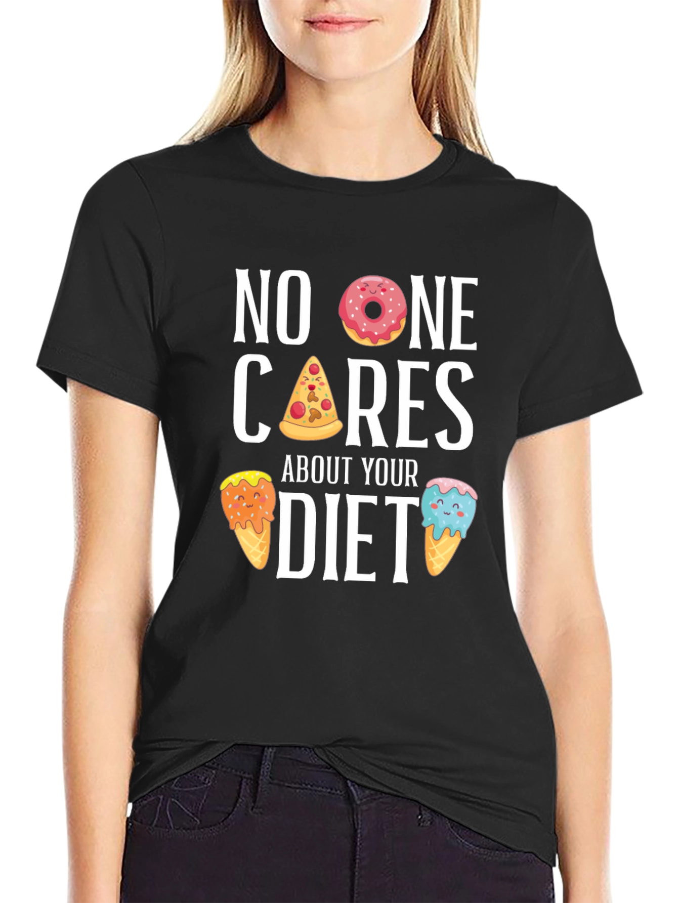 Black Funny Diet T-Shirt - No One Cares, Doughnut, Pizza, Ice Cream view 2