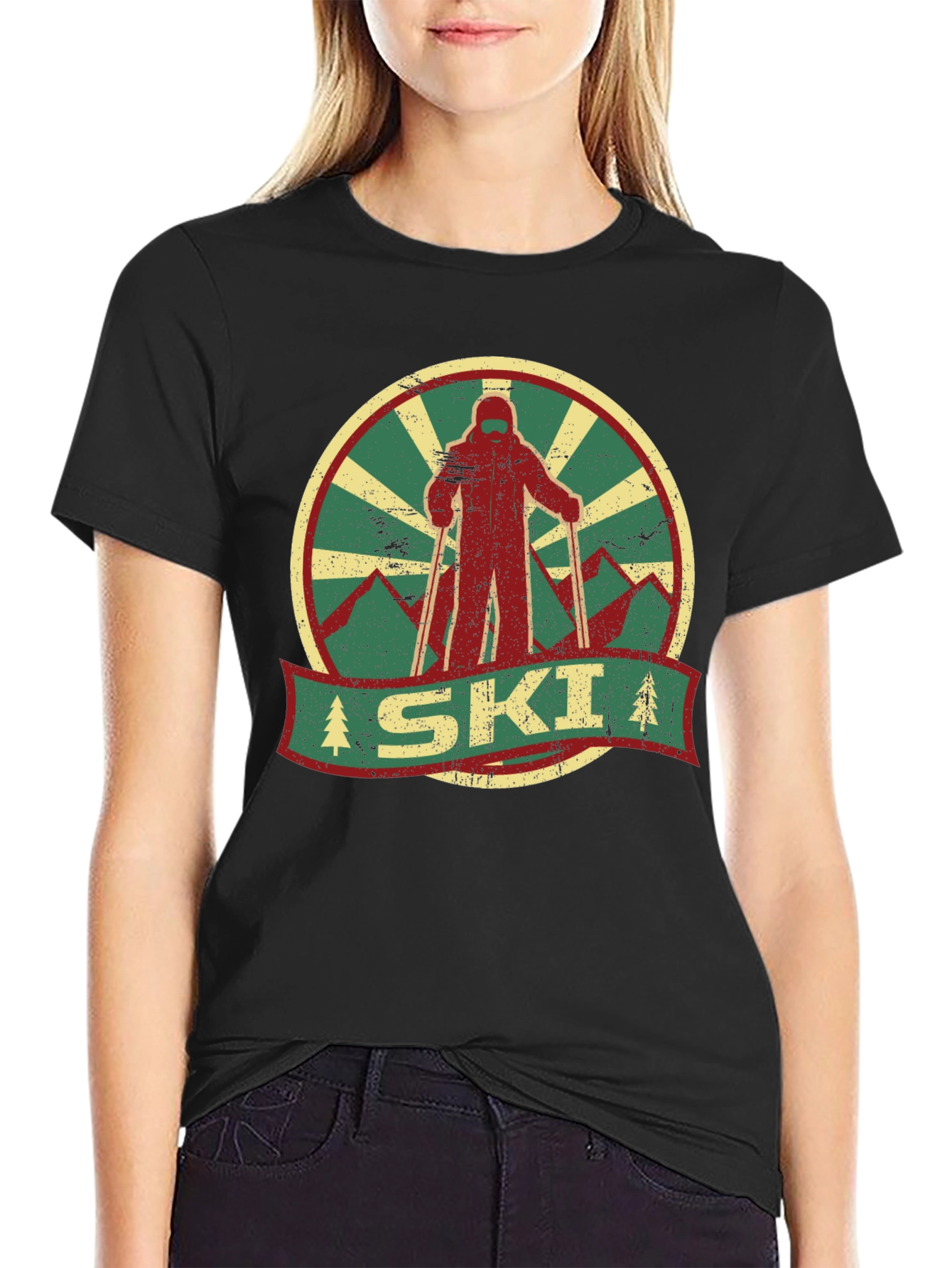 Black Vintage Ski Graphic Tee - Retro Winter Sports T-Shirt view 2