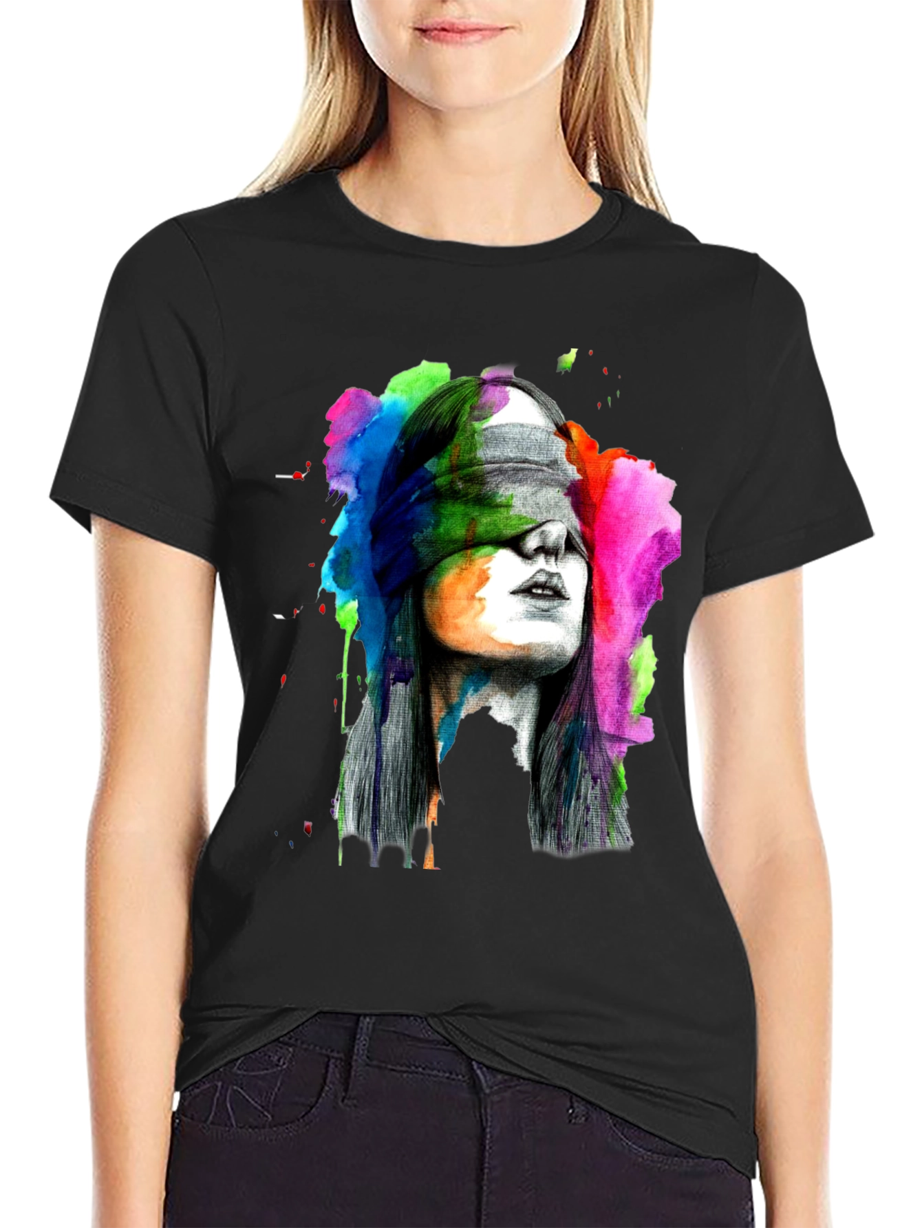Black Blindfolded Woman Graphic Tee - Artistic Black T-Shirt view 2