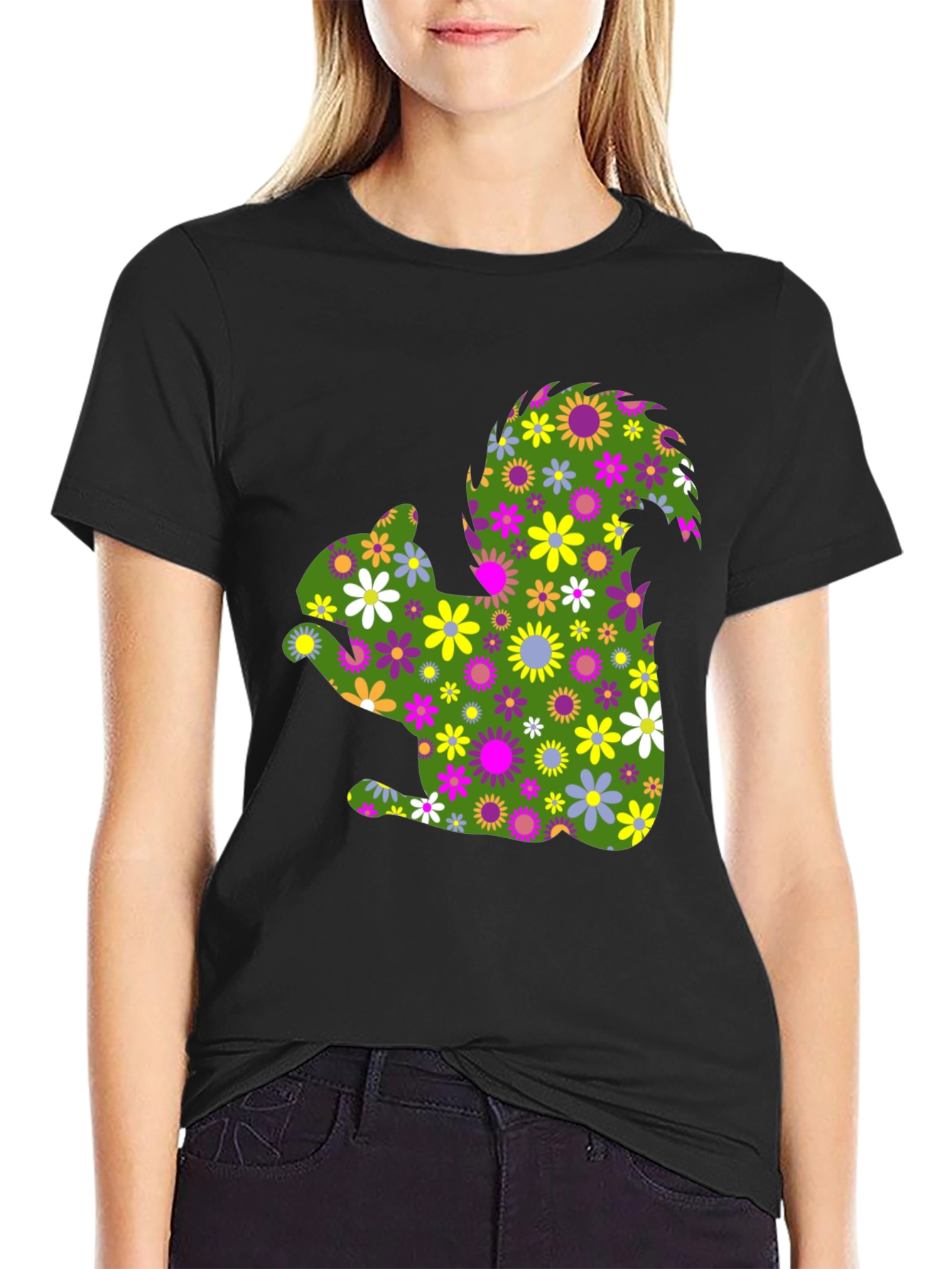 Black Floral Squirrel Graphic Tee - Unique Nature Shirt view 2