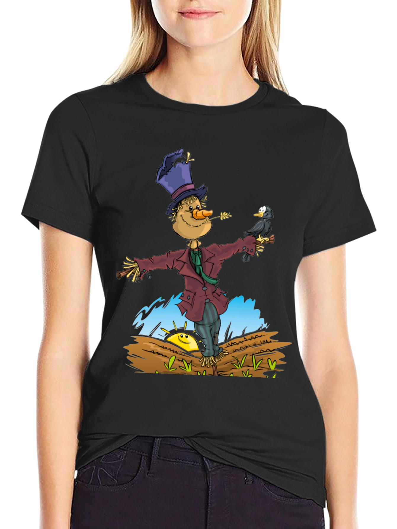 Black Scarecrow & Crow Graphic Tee - Black Cotton T-Shirt view 2
