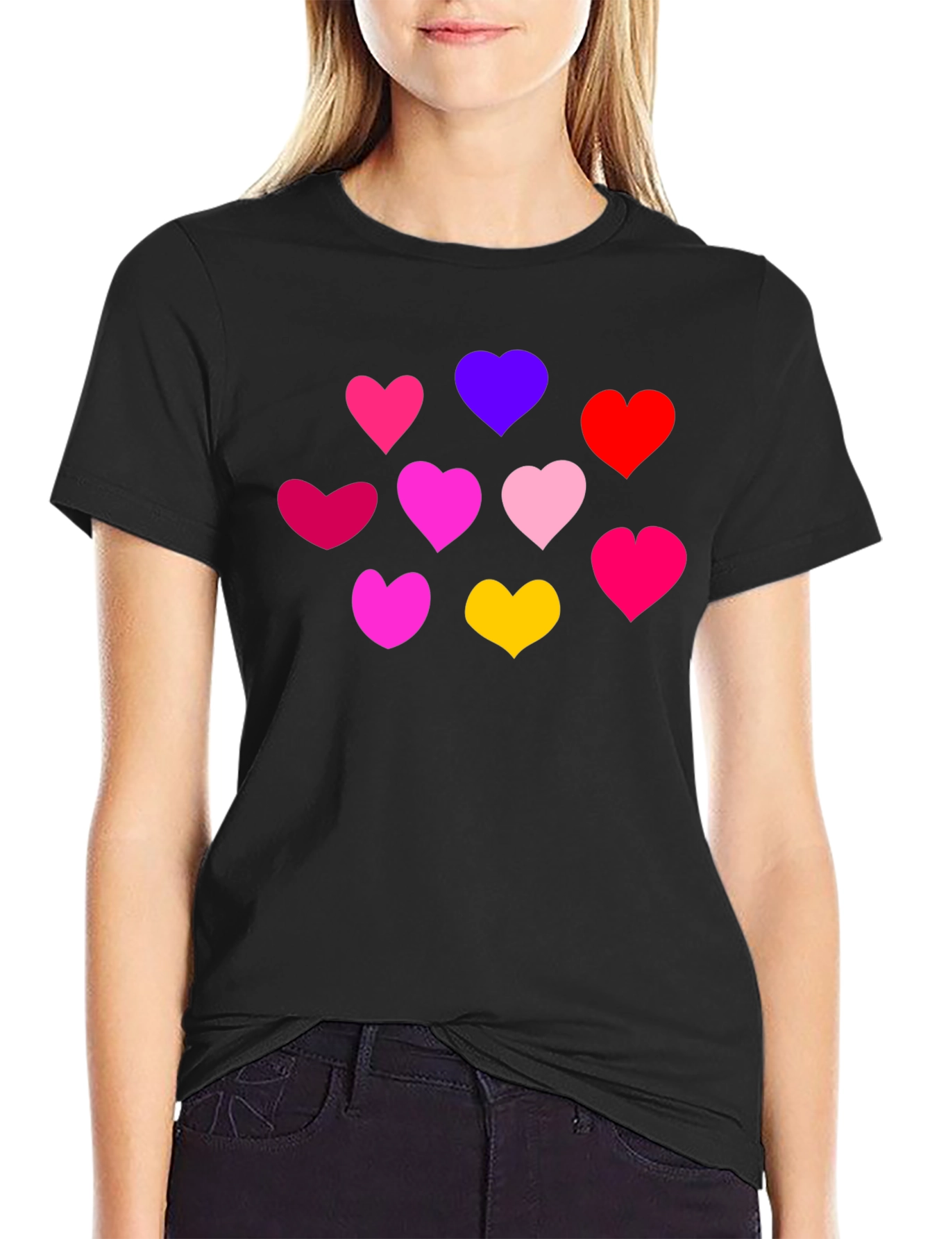 Black Heartful Tee: Colorful Hearts on Black Shirt view 2