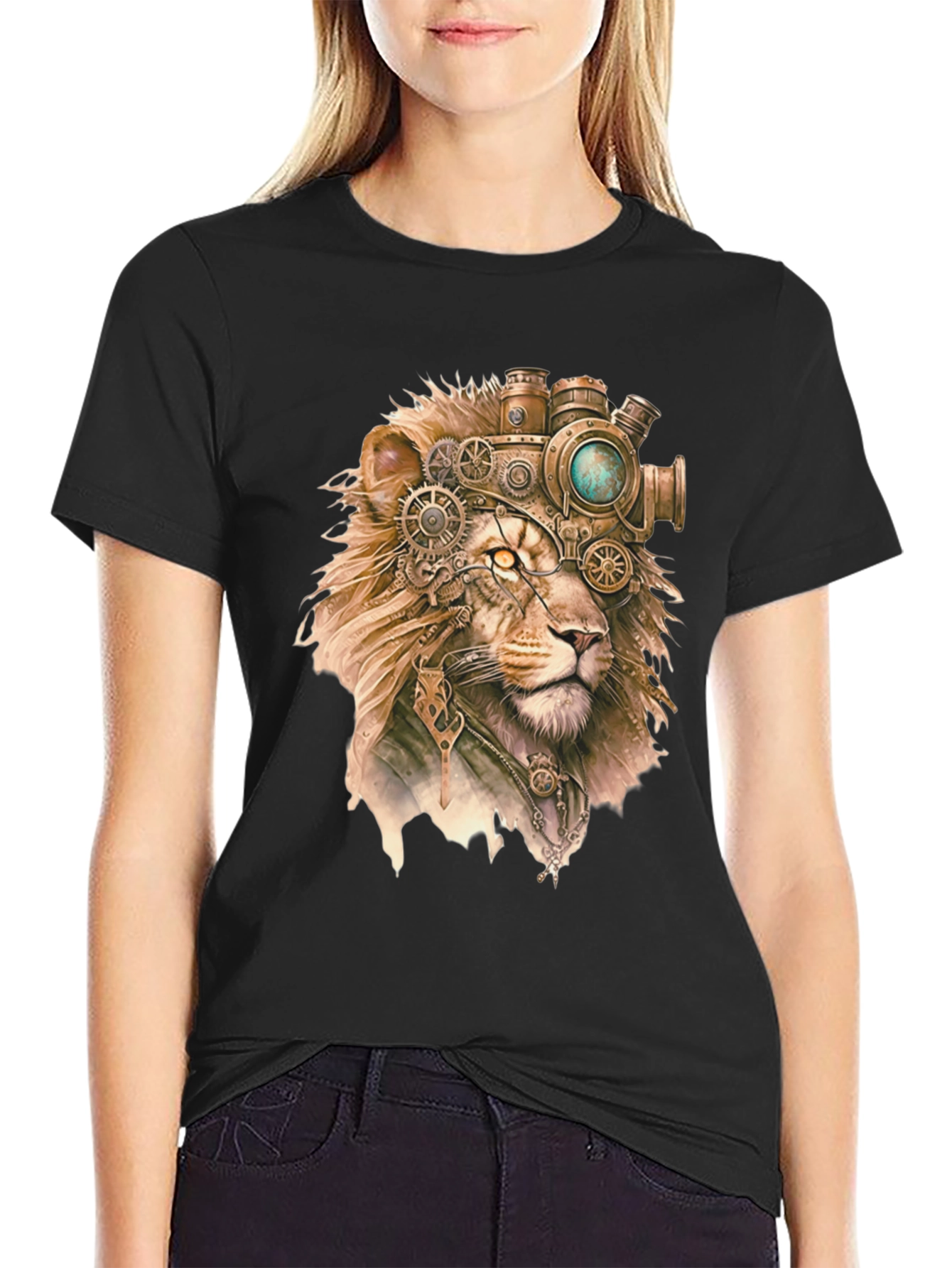 Black Steampunk Lion Graphic Print Black T-Shirt view 2