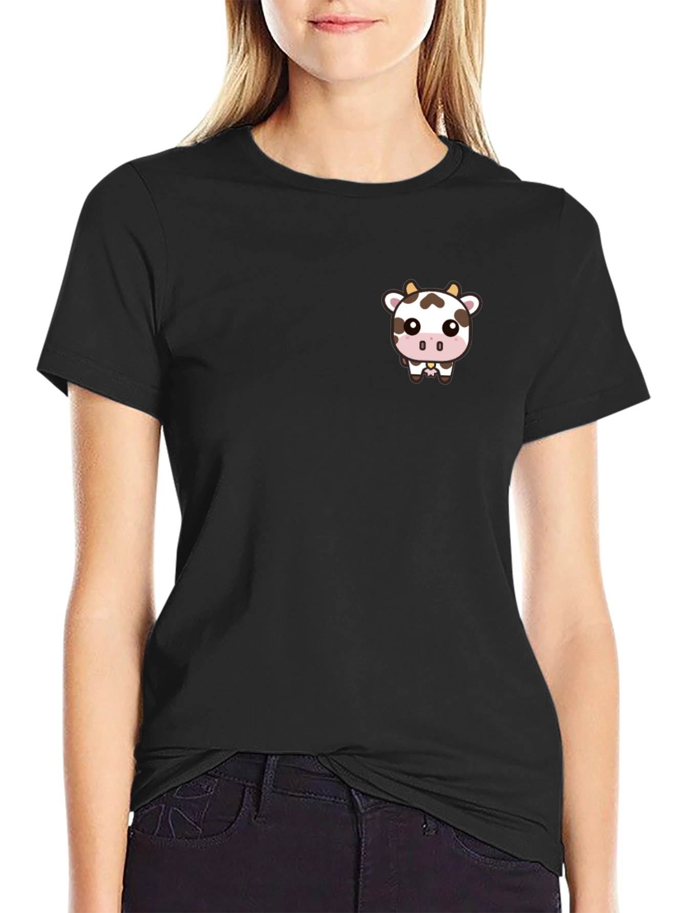 Black Cute Cow Graphic Tee - Black Cotton Blend view 2