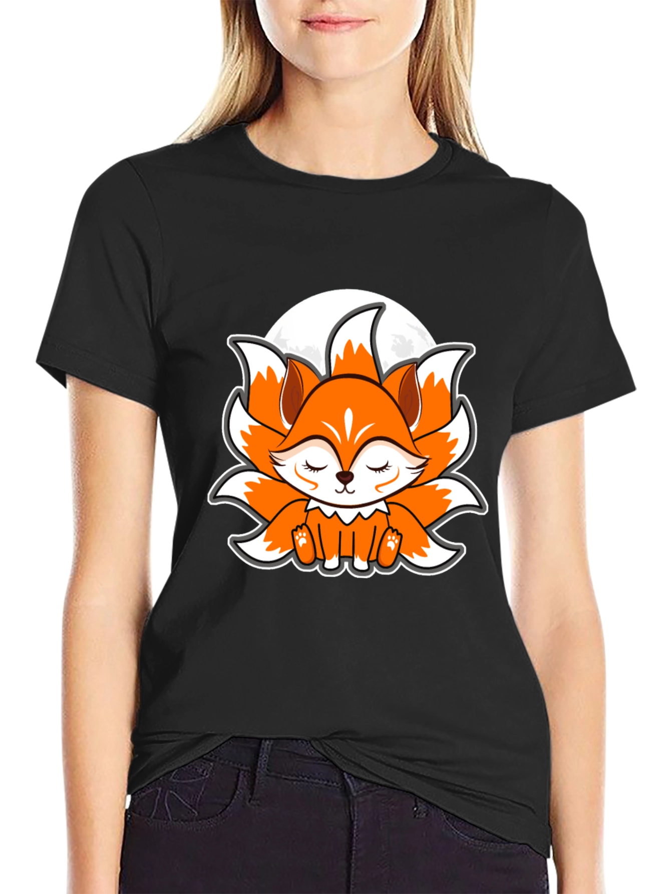 Black Cute Anime Fox Graphic Tee - Black Cotton T-Shirt view 2