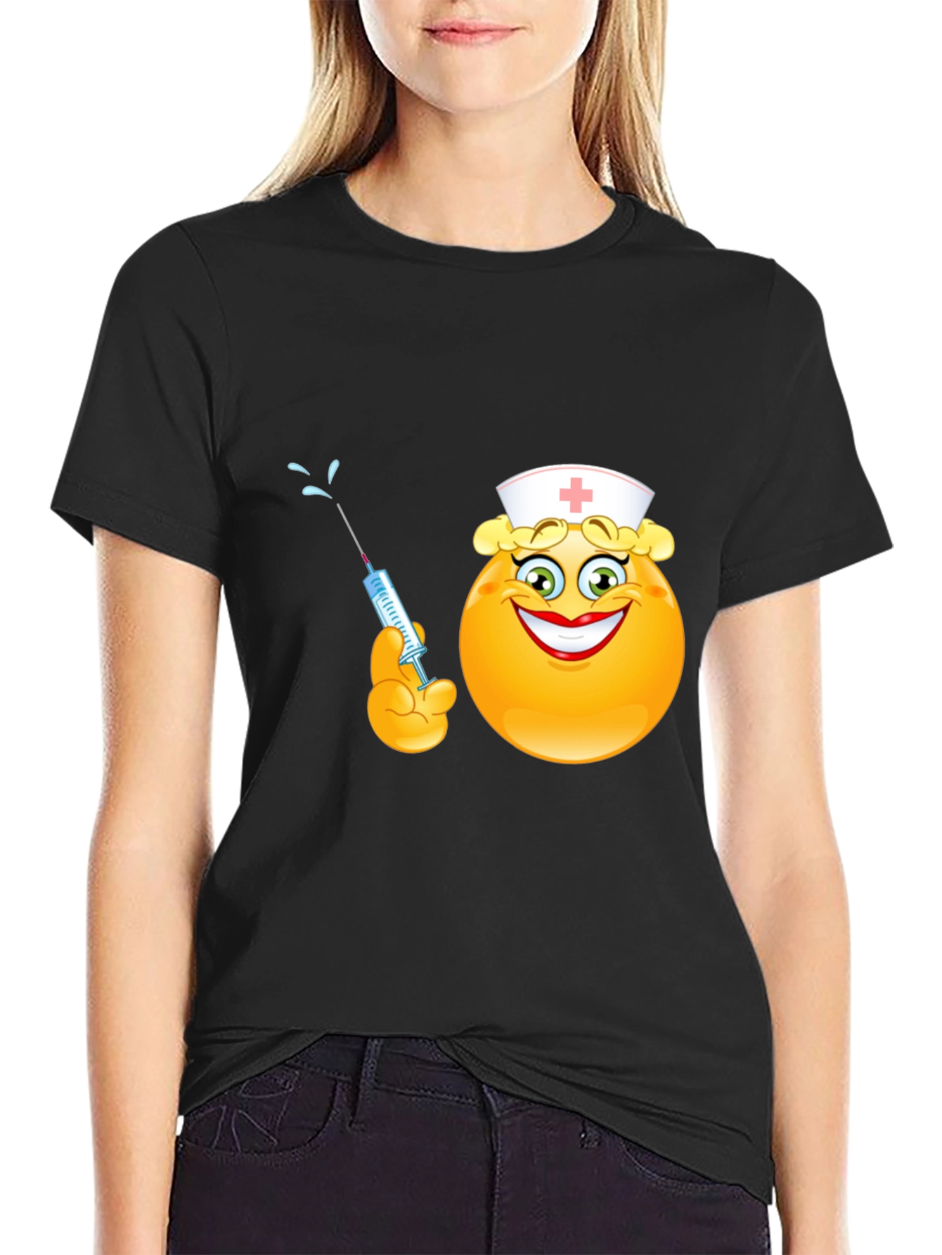 Black Funny Nurse Emoji T-Shirt - Black Cotton Tee view 2