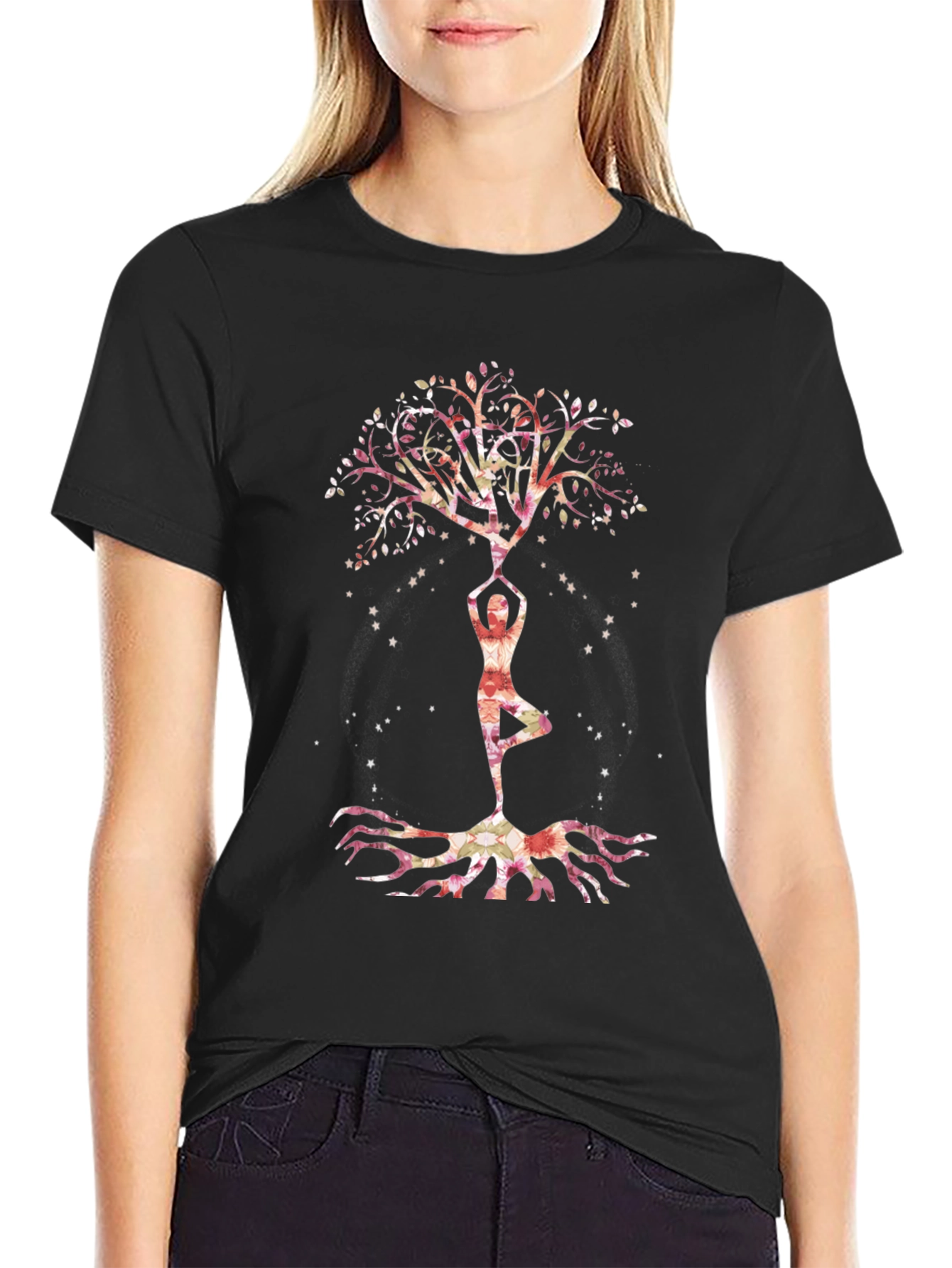 Black Yoga Tree of Life Graphic Tee - Black Cotton Blend view 2