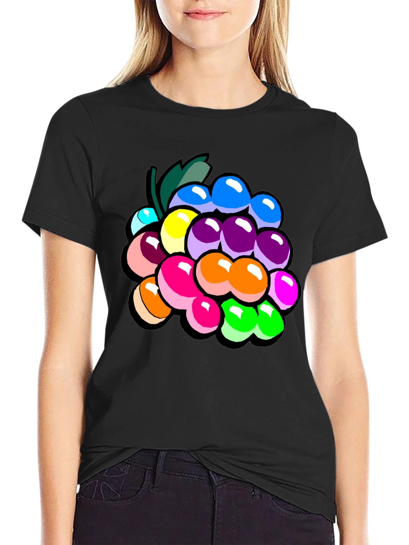 Black Colorful Grapes Graphic T-Shirt - Novelty Fruit Tee view 2