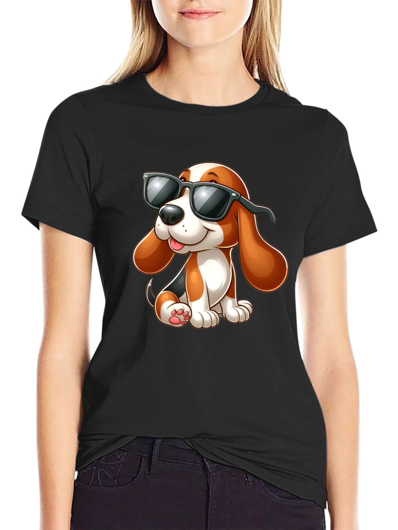 Black Cool Cartoon Dog Graphic T-Shirt view 2