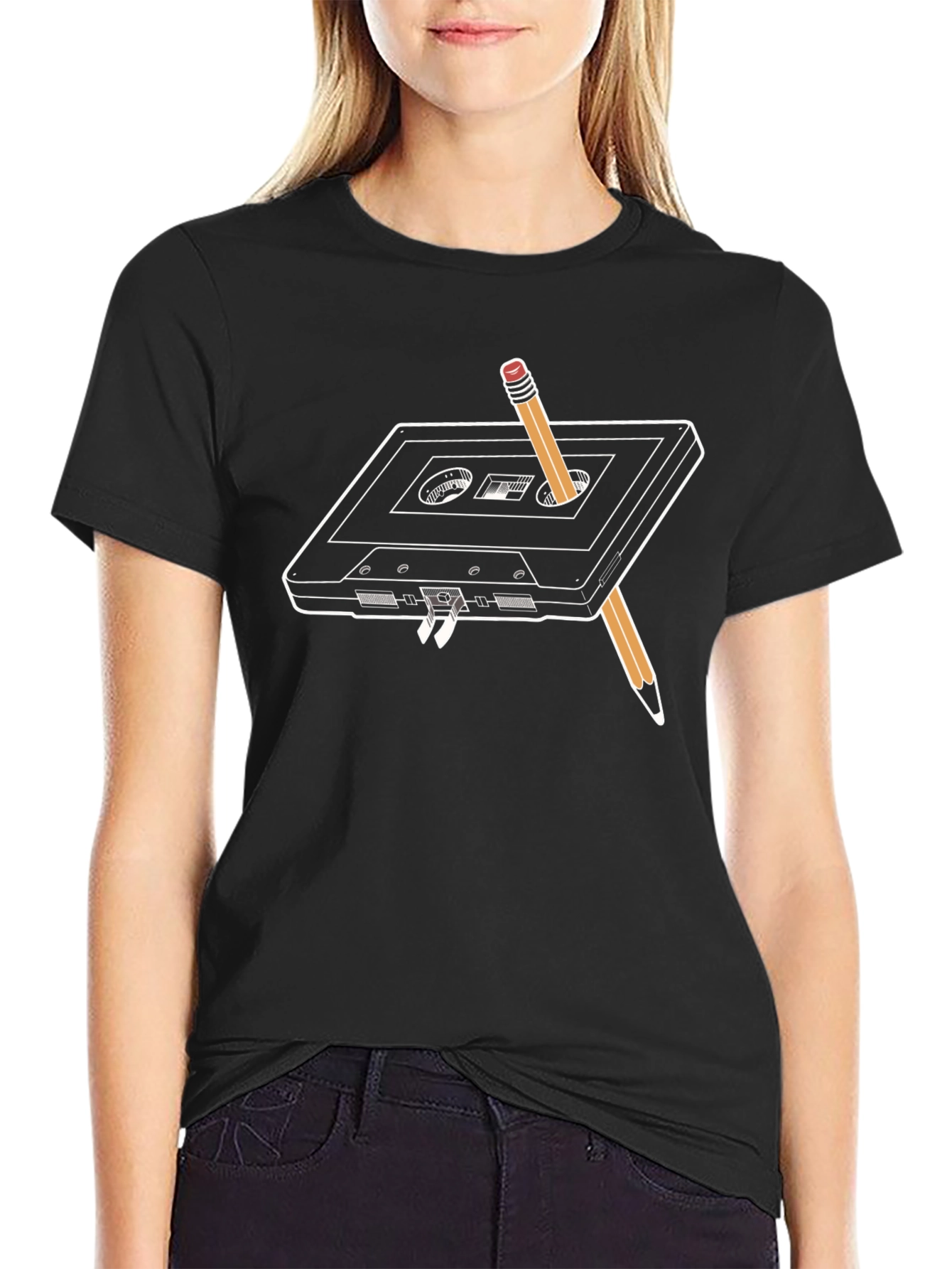 Retro Cassette Tape & Pencil T-Shirt - Black - 2