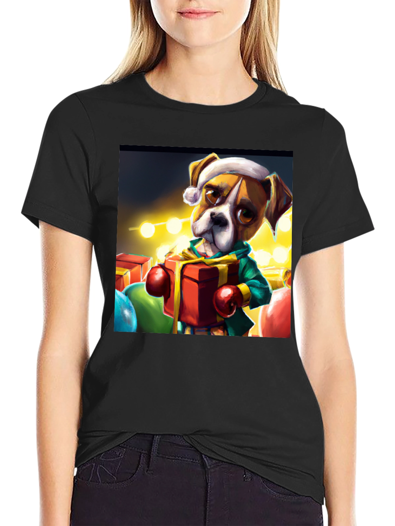 Black Festive Boxer Dog Christmas T-Shirt view 2