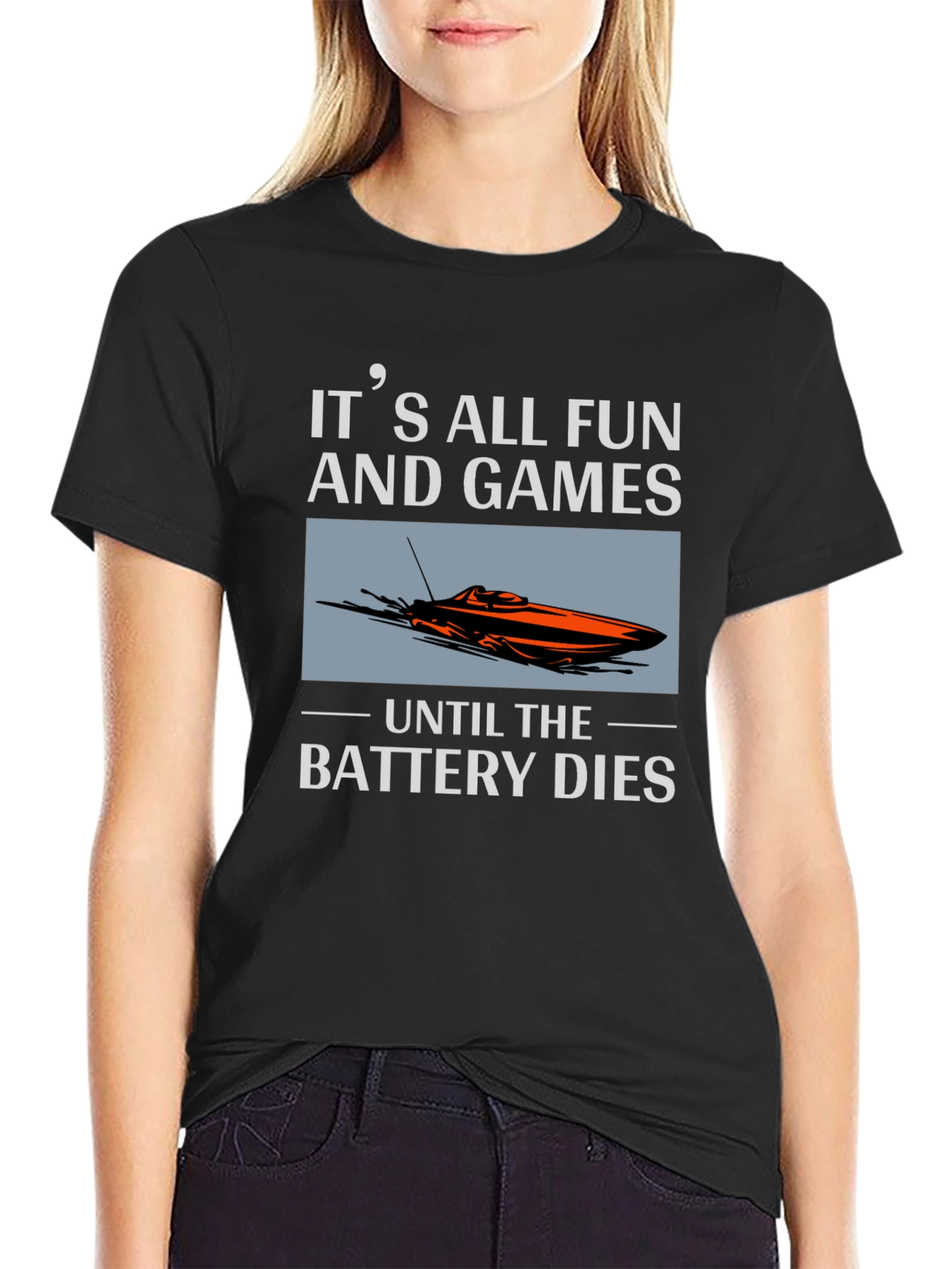 Black It's All Fun and Games Until The Battery Dies T-Shirt view 2